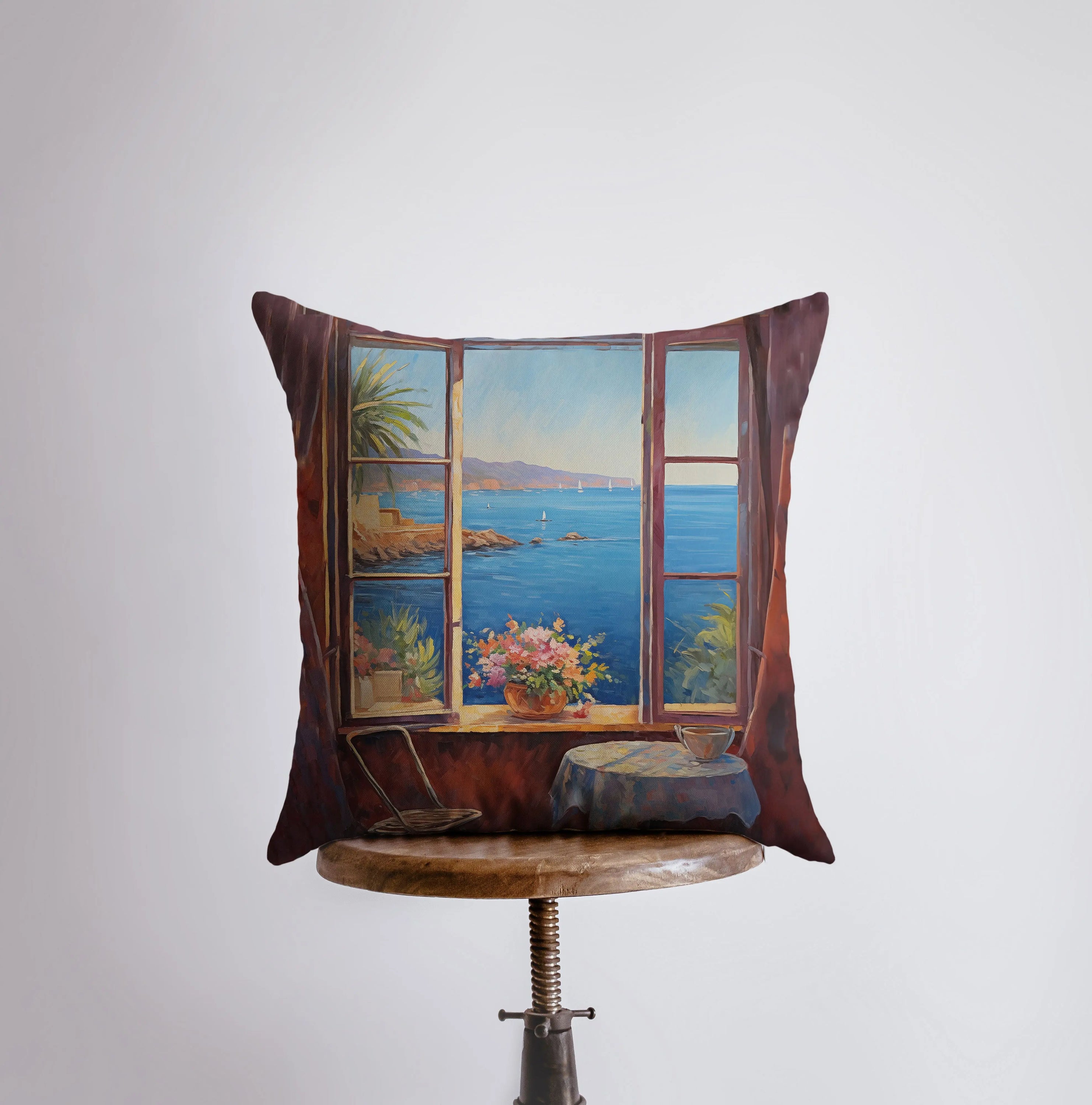 Ocean Window View throw pillow featuring a coastal design with a concealed zipper, available in various sizes.