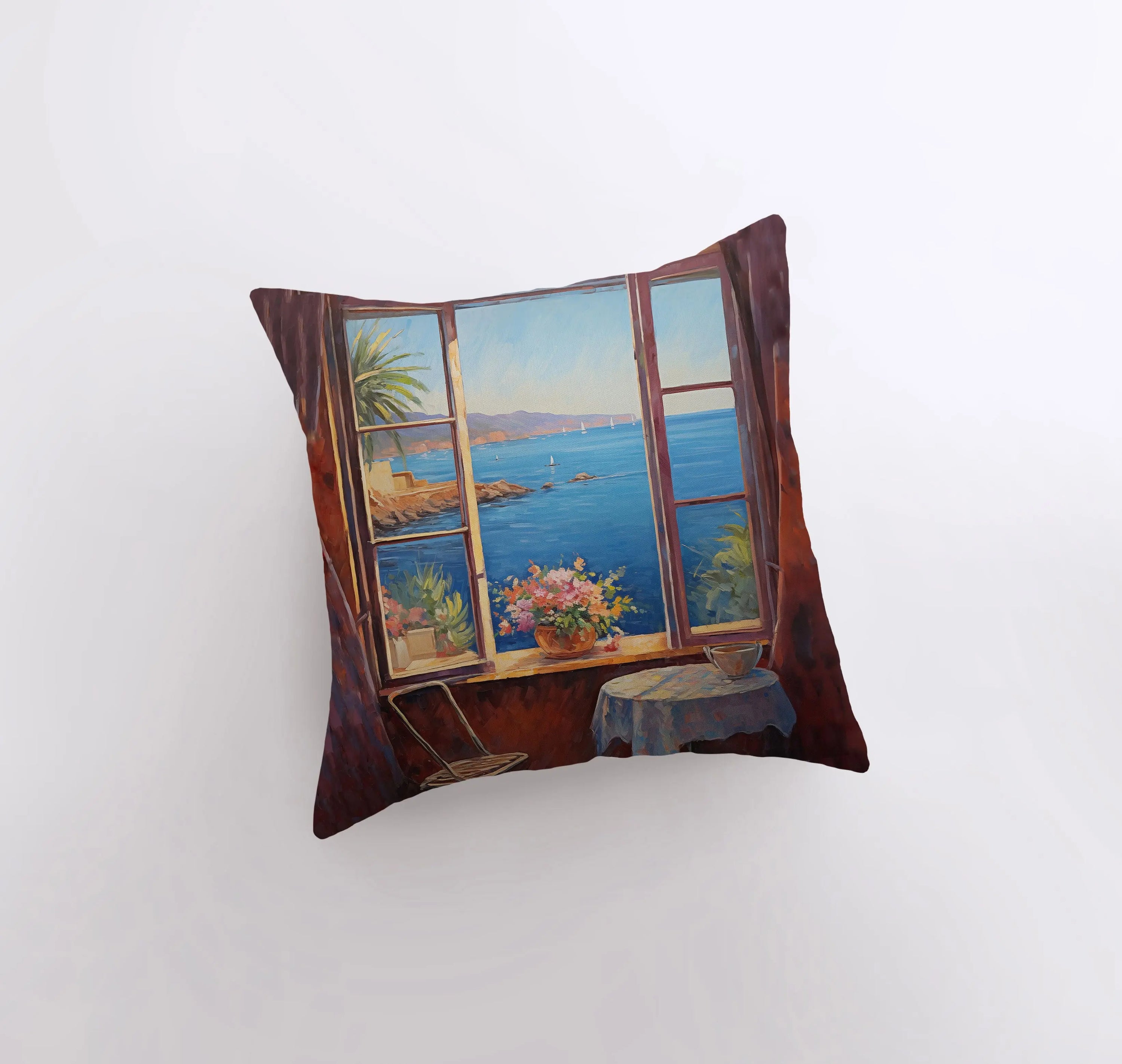 Ocean Window View throw pillow featuring a coastal design with a concealed zipper, available in various sizes.