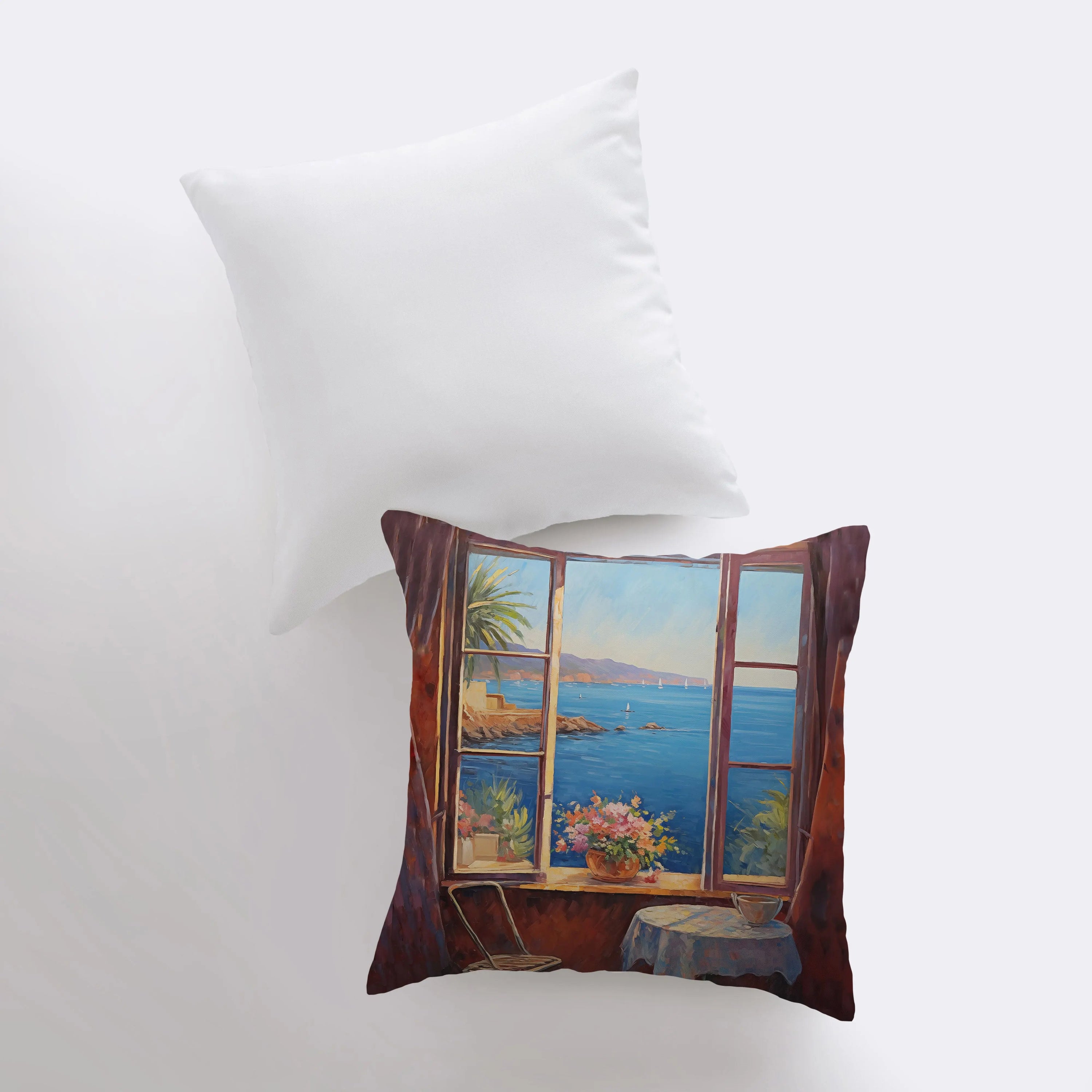 Ocean Window View throw pillow featuring a coastal design with a concealed zipper, available in various sizes.