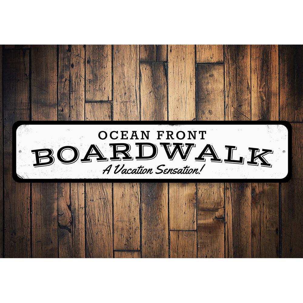 Oceanfront Boardwalk Sign made of durable aluminum, featuring customizable text and pre-drilled holes for easy mounting.