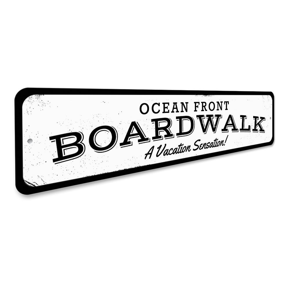 Oceanfront Boardwalk Sign made of durable aluminum, featuring customizable text and pre-drilled holes for easy mounting.