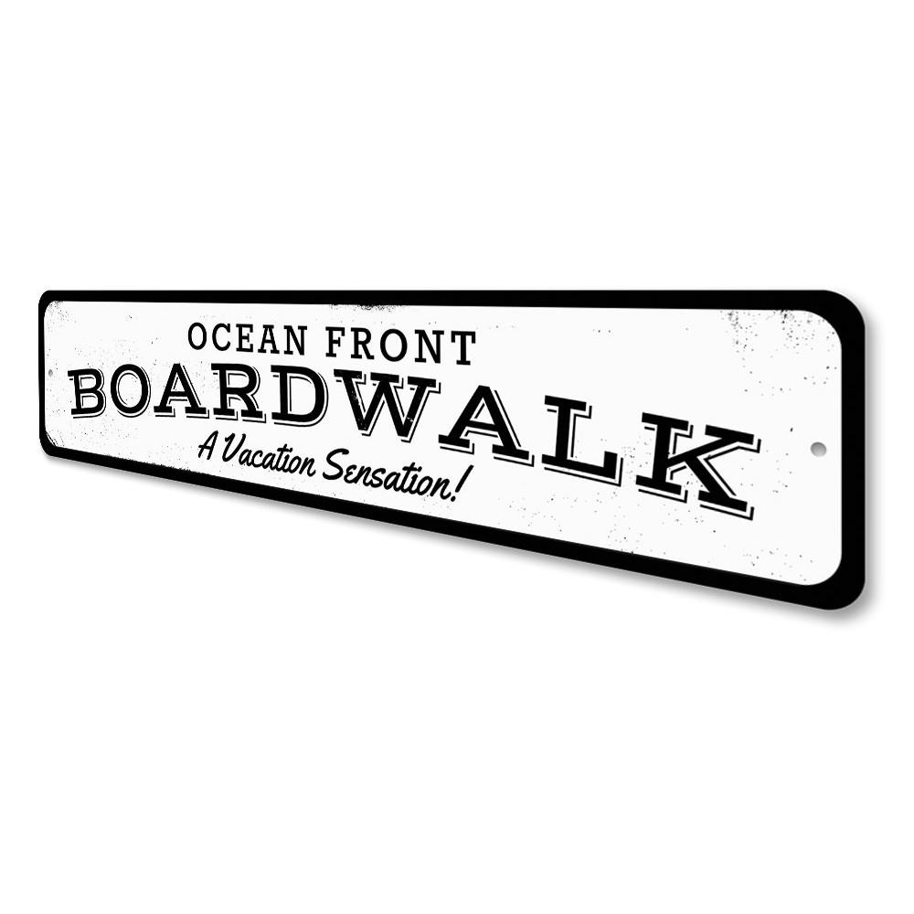 Oceanfront Boardwalk Sign made of durable aluminum, featuring customizable text and pre-drilled holes for easy mounting.