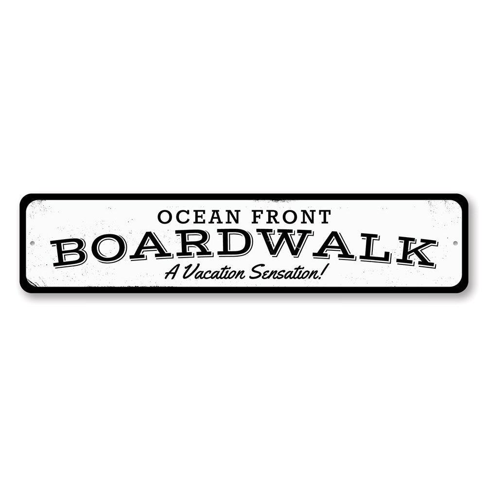 Oceanfront Boardwalk Sign made of durable aluminum, featuring customizable text and pre-drilled holes for easy mounting.