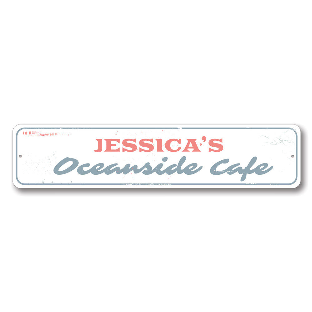 Oceanside Cafe Sign made of durable aluminum, featuring beach-themed design, perfect for coastal decor.