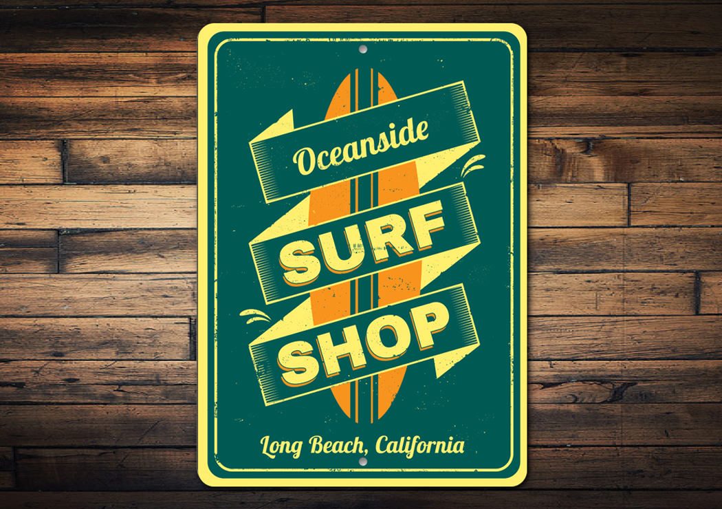 Oceanside Surf Shop Sign made of high-quality aluminum, featuring customizable text and pre-drilled holes for easy mounting.