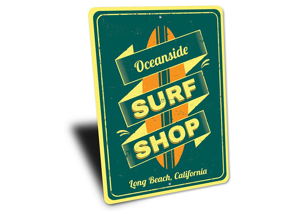 Oceanside Surf Shop Sign made of high-quality aluminum, featuring customizable text and pre-drilled holes for easy mounting.