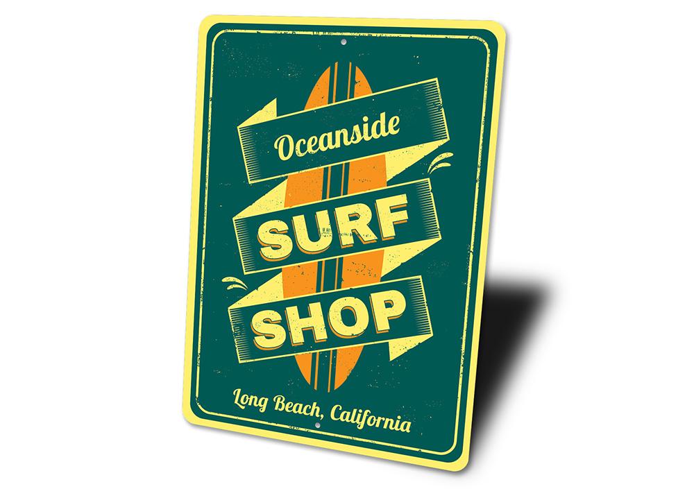 Oceanside Surf Shop Sign made of high-quality aluminum, featuring customizable text and pre-drilled holes for easy mounting.