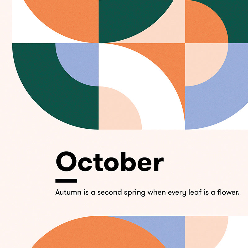 A vibrant October poster featuring colorful autumn leaves resembling flowers, printed on thick matte paper.