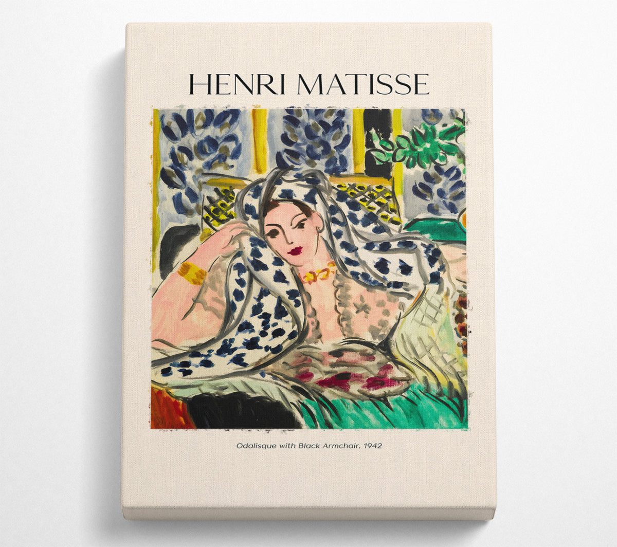 Canvas print of 'Odalisque With Black Armchair' by Henri Matisse, featuring vibrant colors and a 44mm box frame, ready to hang.