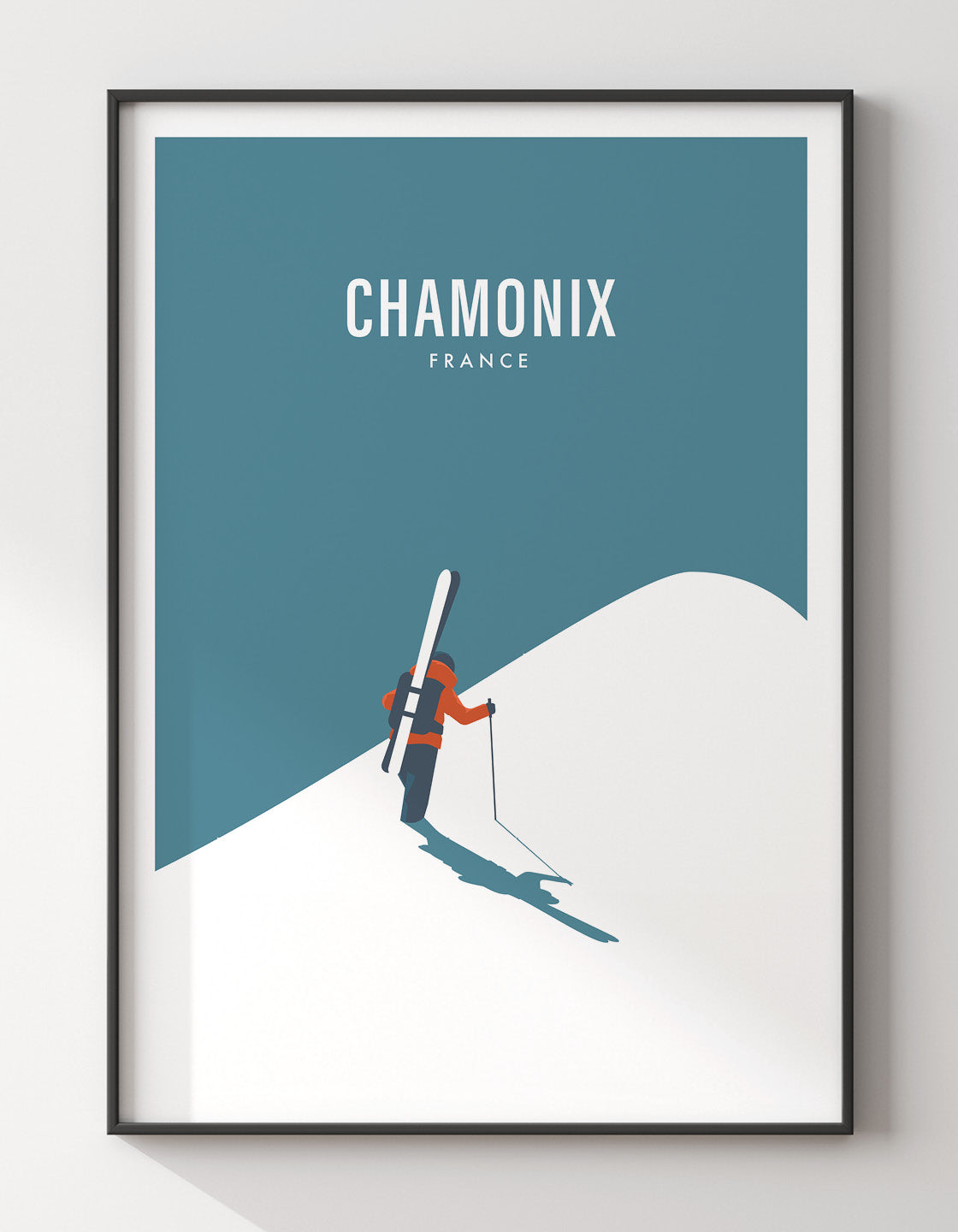 Off Piste Skier II art print featuring minimalist and retro ski design, customizable with ski resort names.