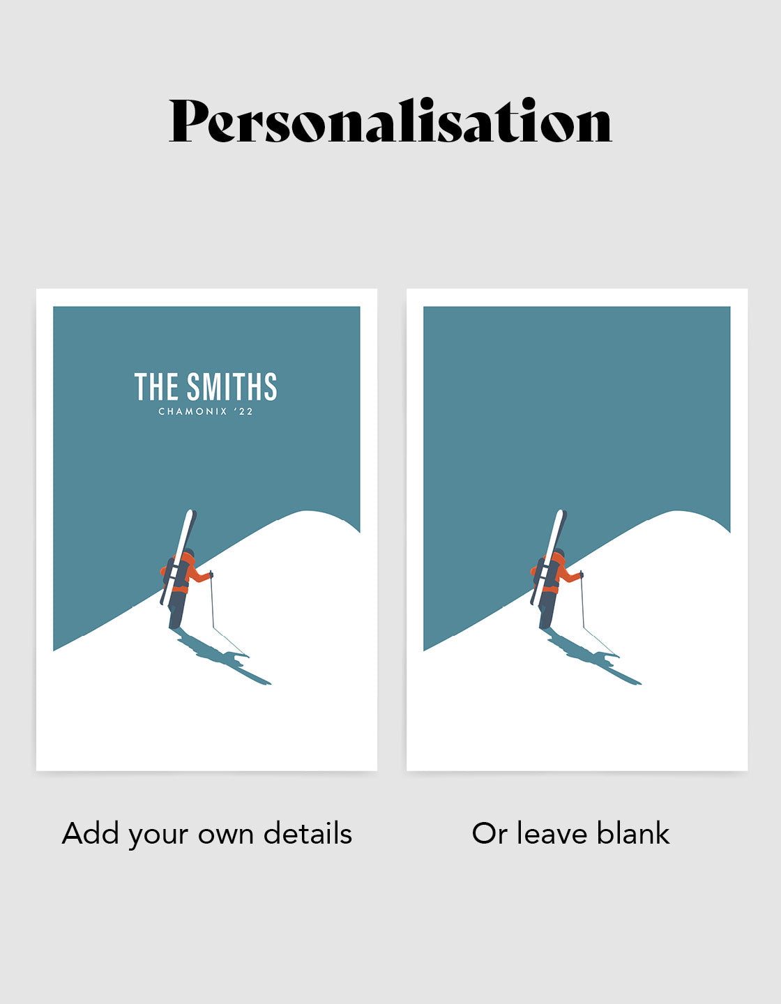 Off Piste Skier II art print featuring minimalist and retro ski design, customizable with ski resort names.