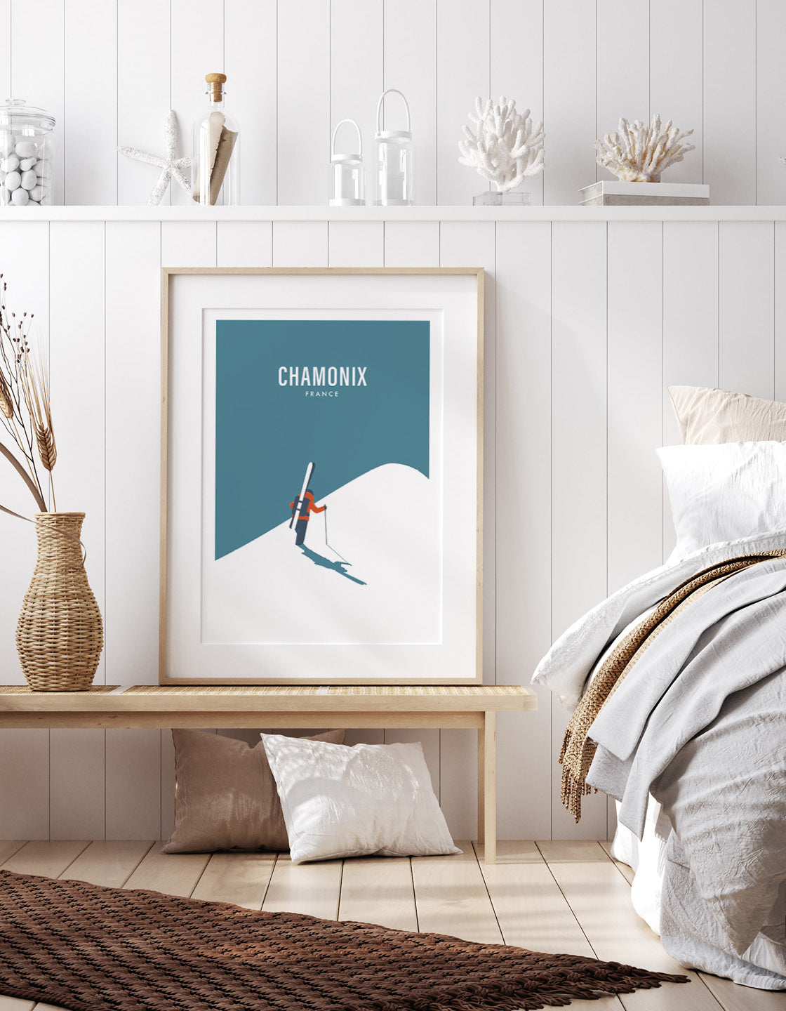 Off Piste Skier II art print featuring minimalist and retro ski design, customizable with ski resort names.