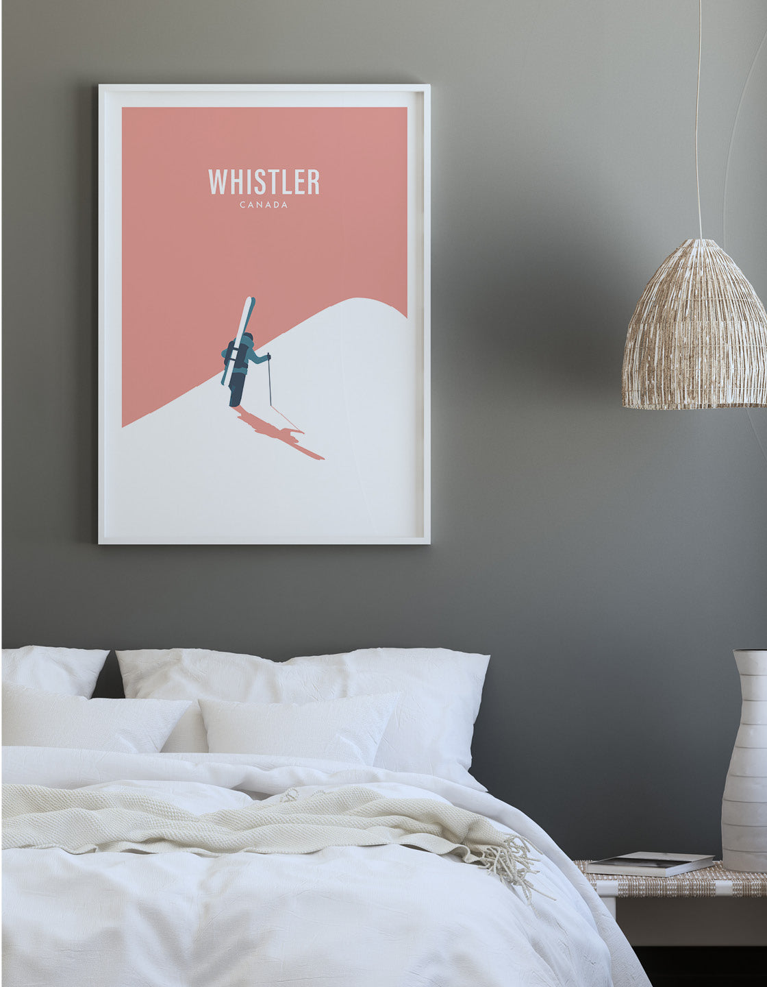 Off Piste Skier II art print featuring minimalist and retro ski design, customizable with ski resort names.