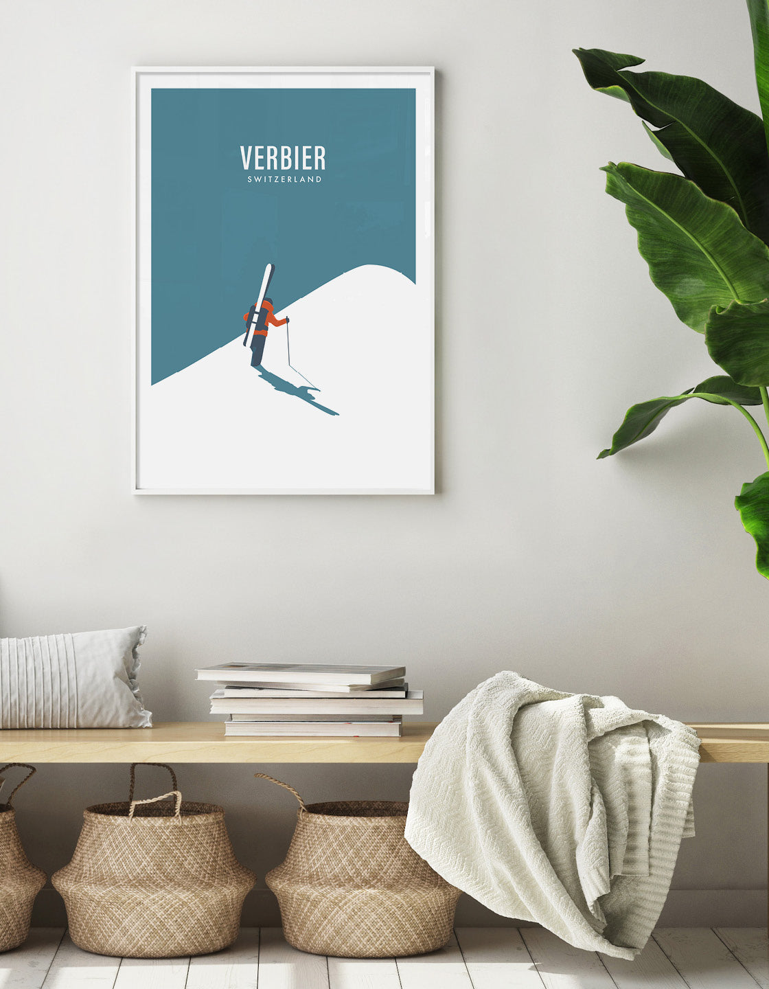 Off Piste Skier II art print featuring minimalist and retro ski design, customizable with ski resort names.