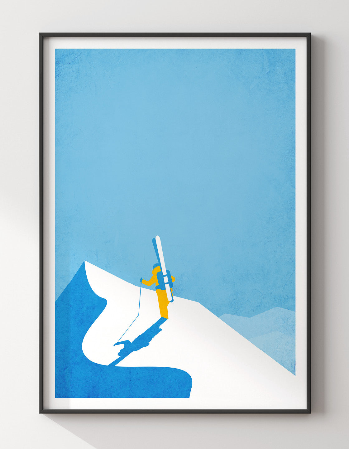 Vintage travel poster featuring an off piste skier navigating through snowy mountains, showcasing winter vibes.