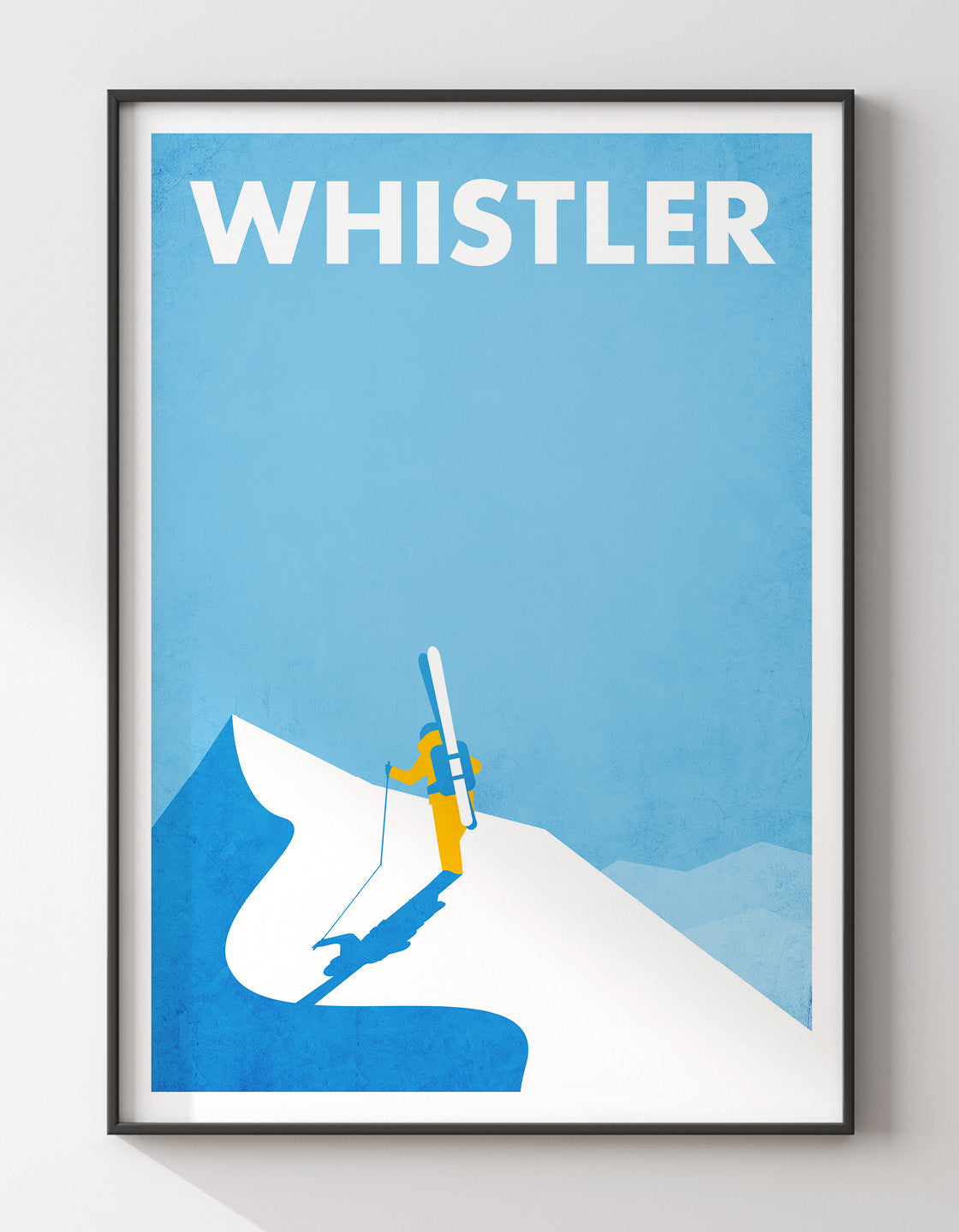 Vintage travel poster featuring an off piste skier navigating through snowy mountains, showcasing winter vibes.