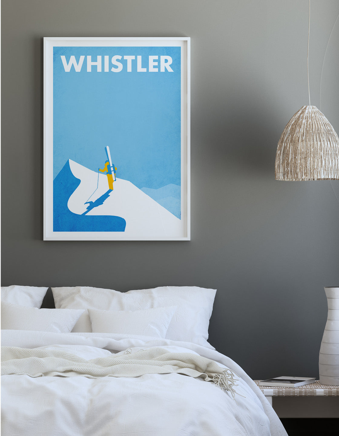 Vintage travel poster featuring an off piste skier navigating through snowy mountains, showcasing winter vibes.