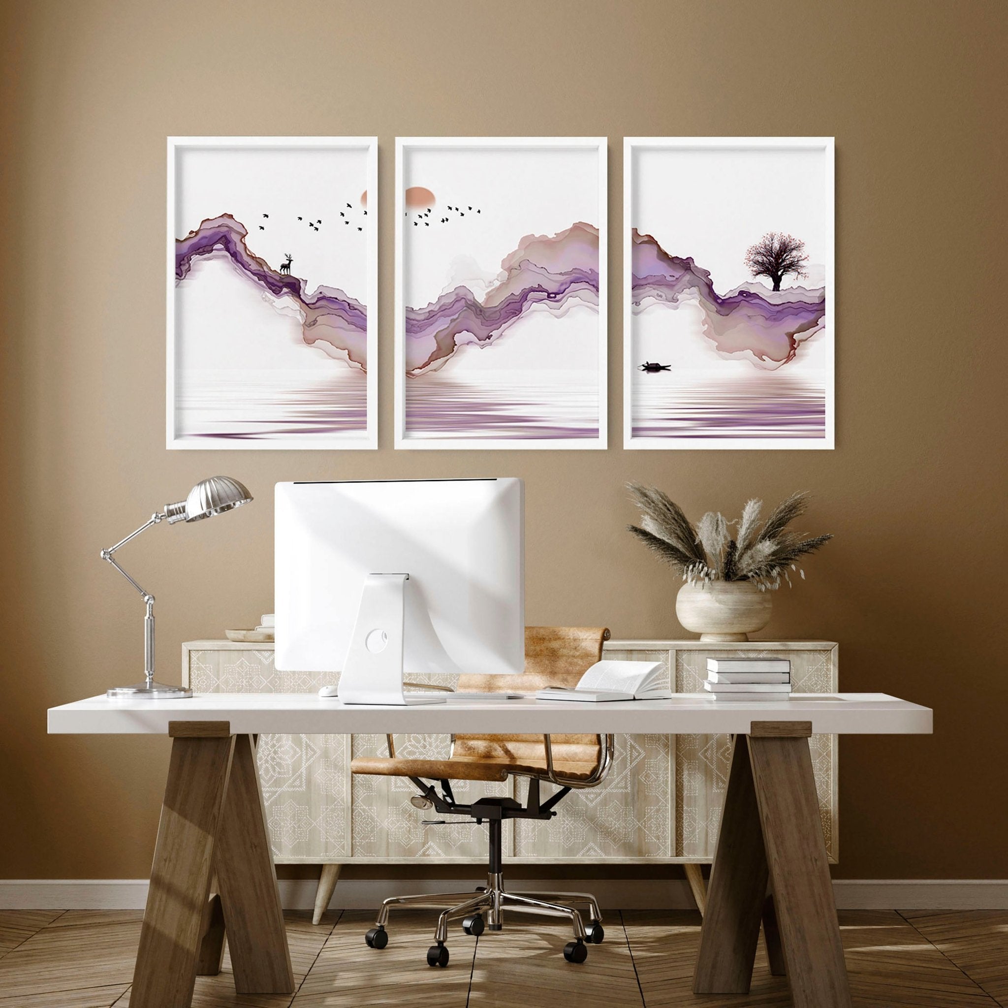 Set of 3 Japanese wall art prints featuring serene sunset landscapes in mauve and purple tones, perfect for home office decor.