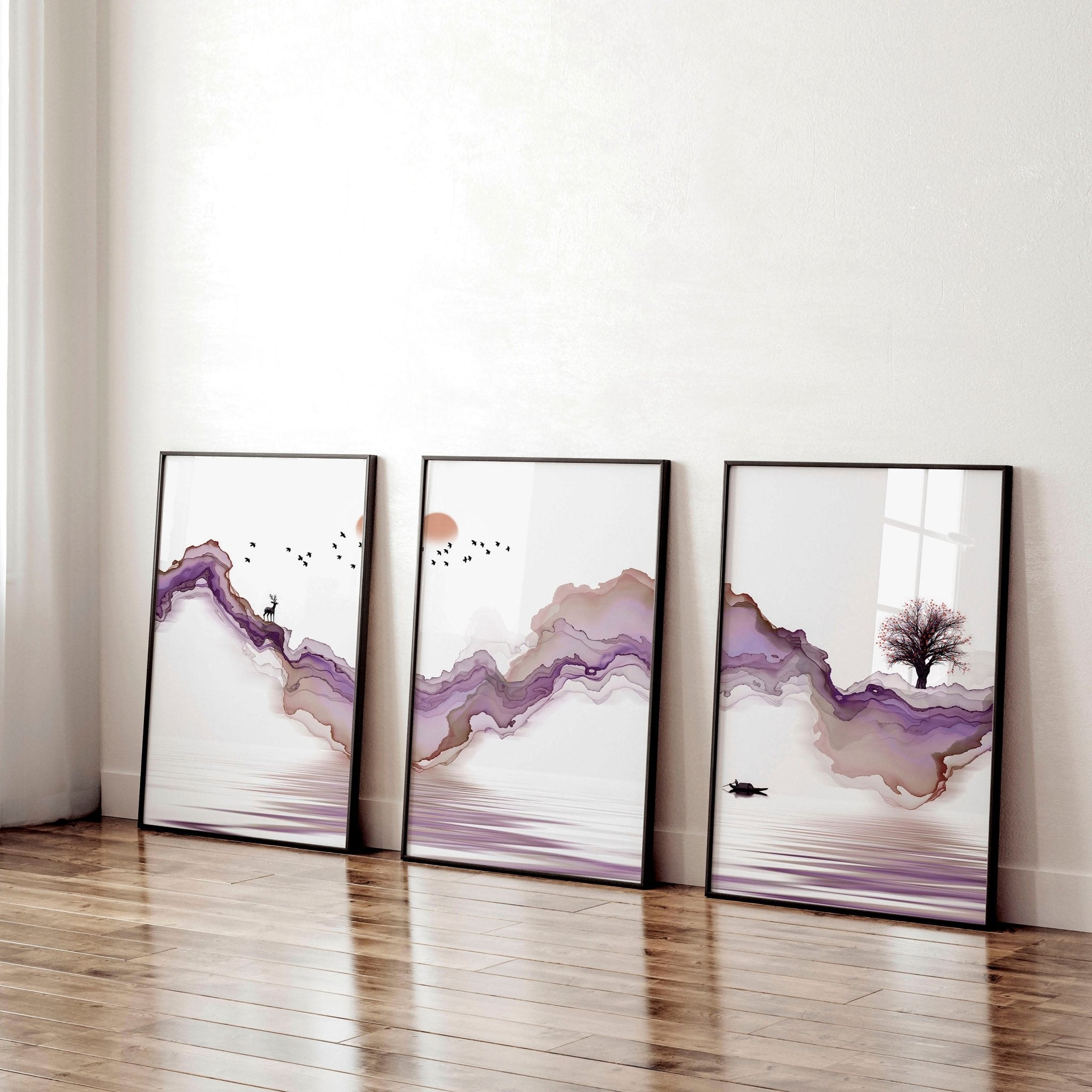 Set of 3 Japanese wall art prints featuring serene sunset landscapes in mauve and purple tones, perfect for home office decor.