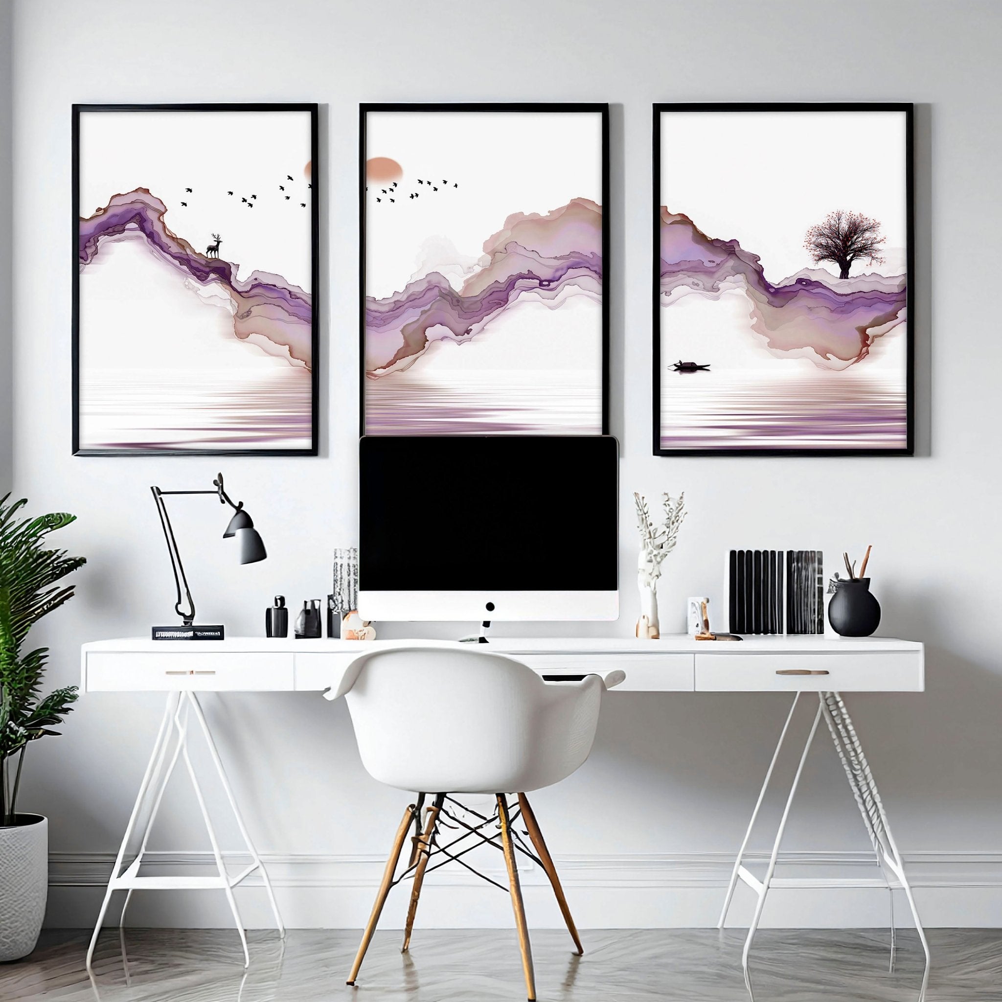 Set of 3 Japanese wall art prints featuring serene sunset landscapes in mauve and purple tones, perfect for home office decor.