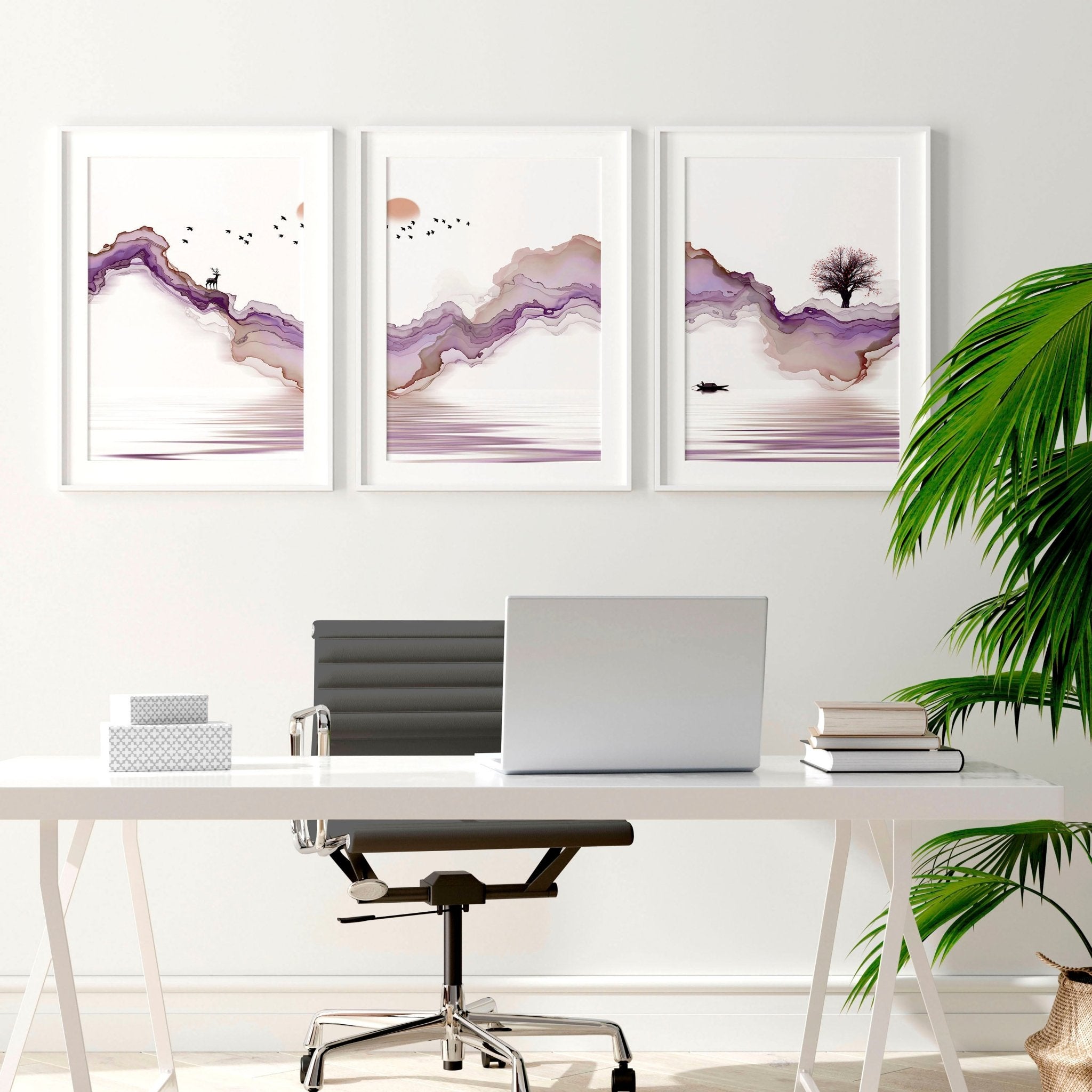 Set of 3 Japanese wall art prints featuring serene sunset landscapes in mauve and purple tones, perfect for home office decor.