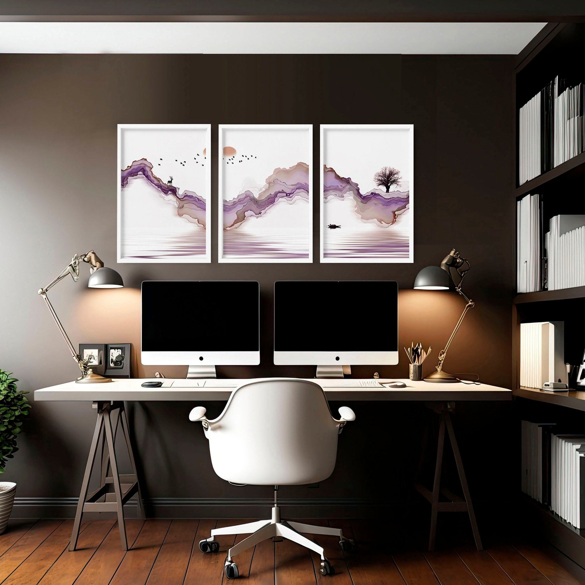 Set of 3 Japanese wall art prints featuring serene sunset landscapes in mauve and purple tones, perfect for home office decor.