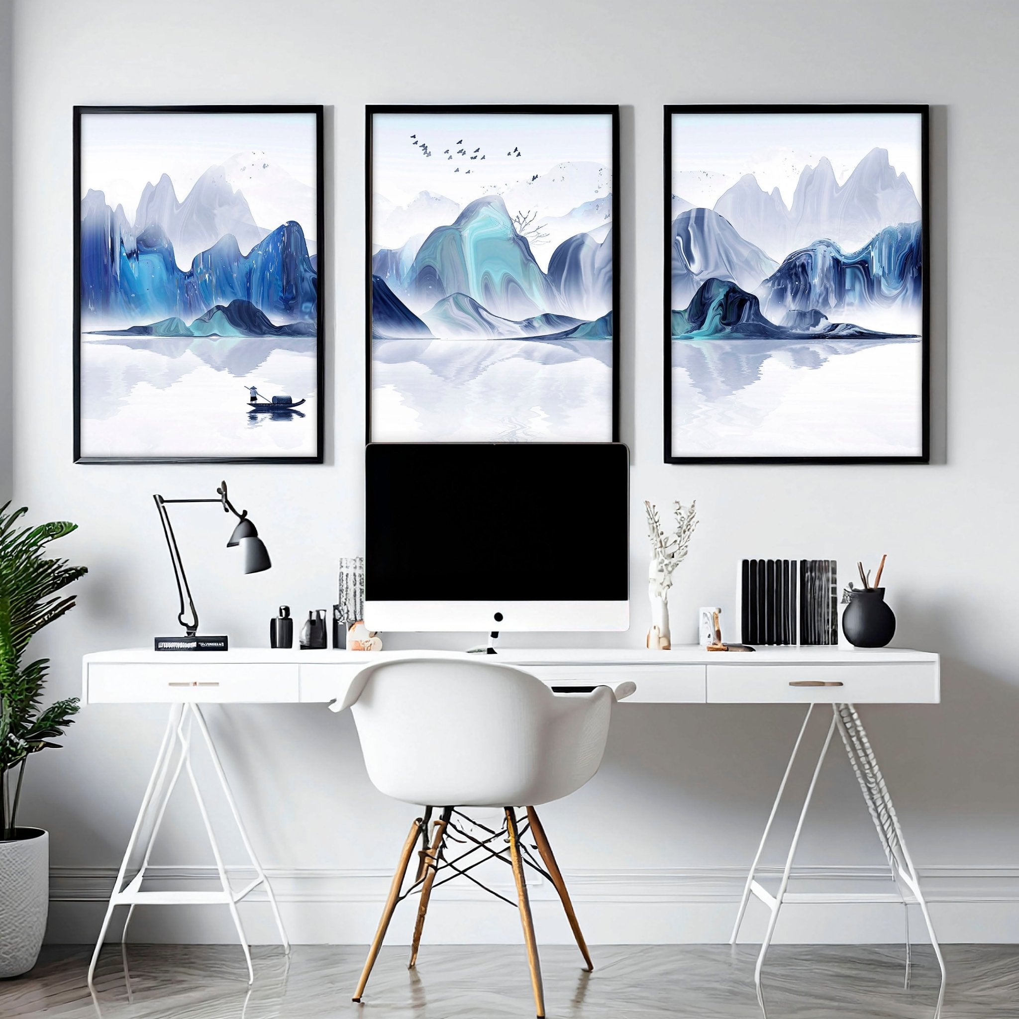 Set of 3 wall art prints featuring a serene Japanese sunrise landscape in White, Teal, Blue, and Turquoise tones, perfect for office decor.