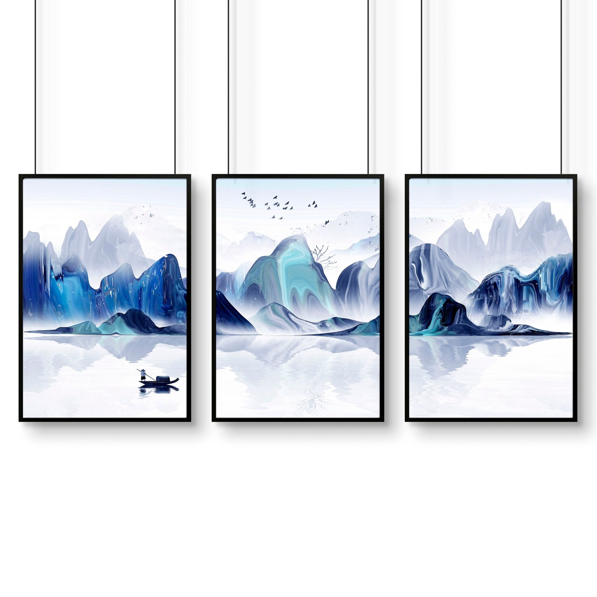 Set of 3 wall art prints featuring a serene Japanese sunrise landscape in White, Teal, Blue, and Turquoise tones, perfect for office decor.