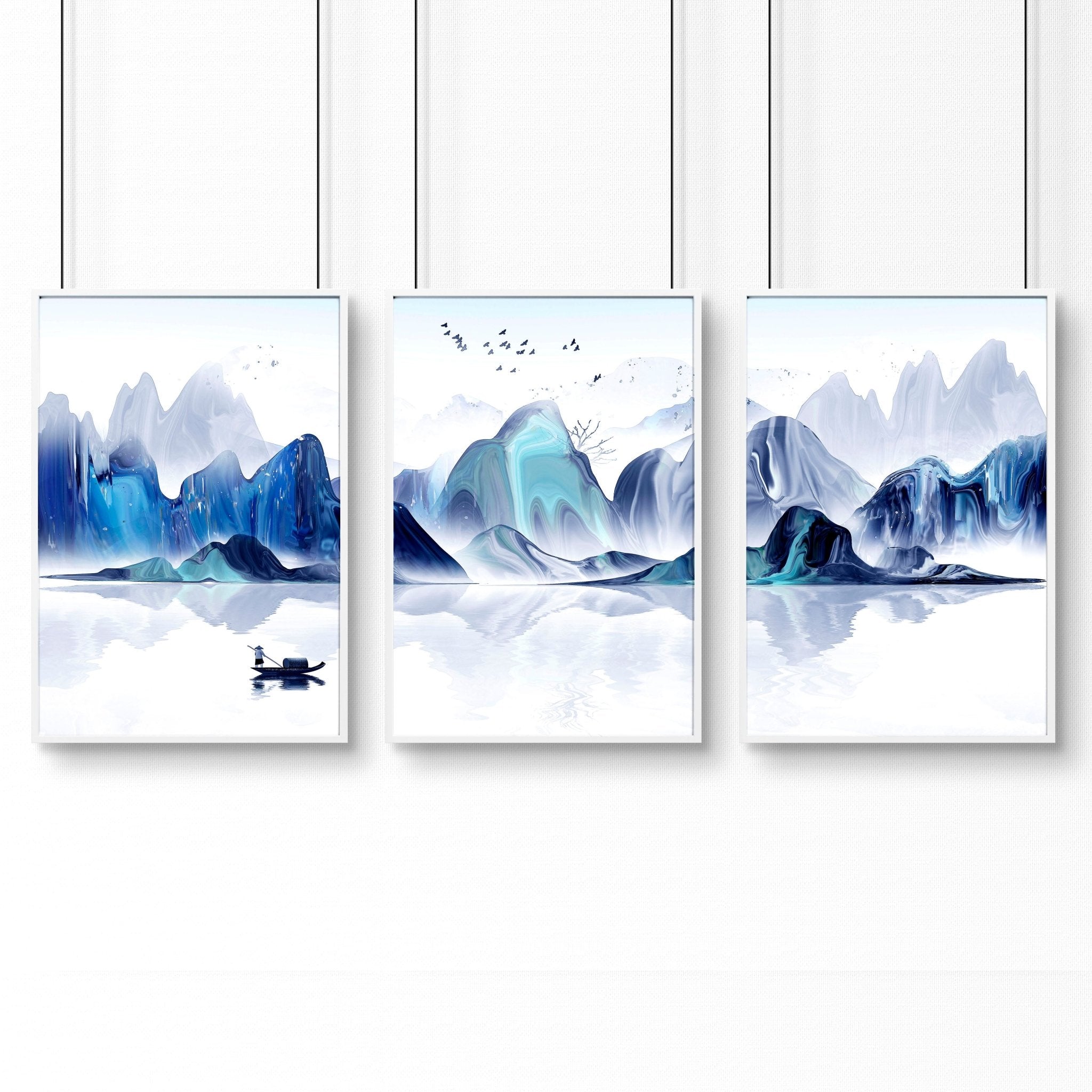 Set of 3 wall art prints featuring a serene Japanese sunrise landscape in White, Teal, Blue, and Turquoise tones, perfect for office decor.