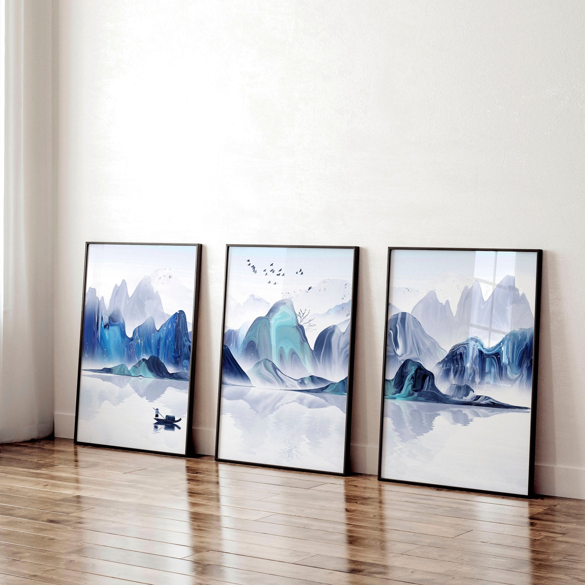 Set of 3 wall art prints featuring a serene Japanese sunrise landscape in White, Teal, Blue, and Turquoise tones, perfect for office decor.