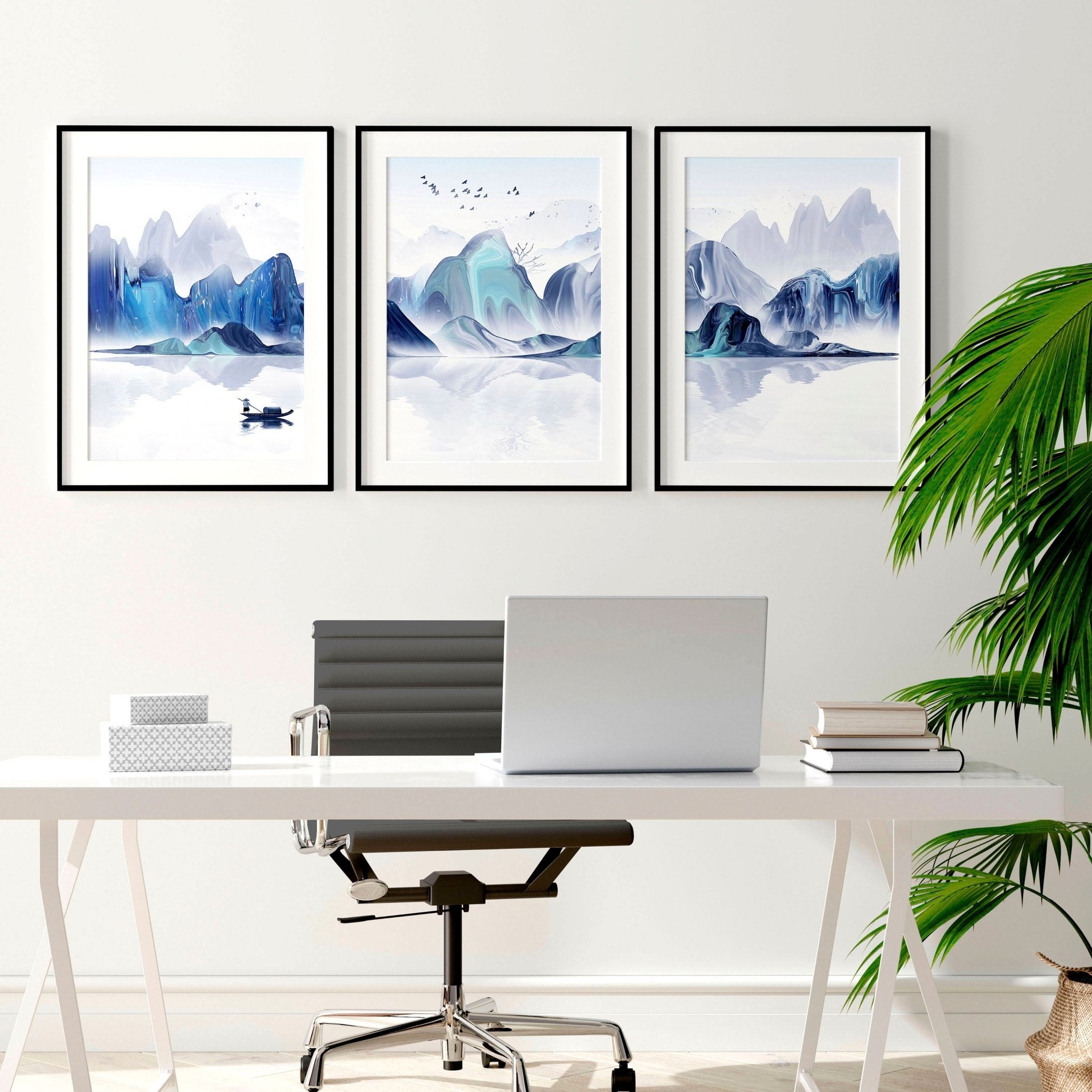 Set of 3 wall art prints featuring a serene Japanese sunrise landscape in White, Teal, Blue, and Turquoise tones, perfect for office decor.