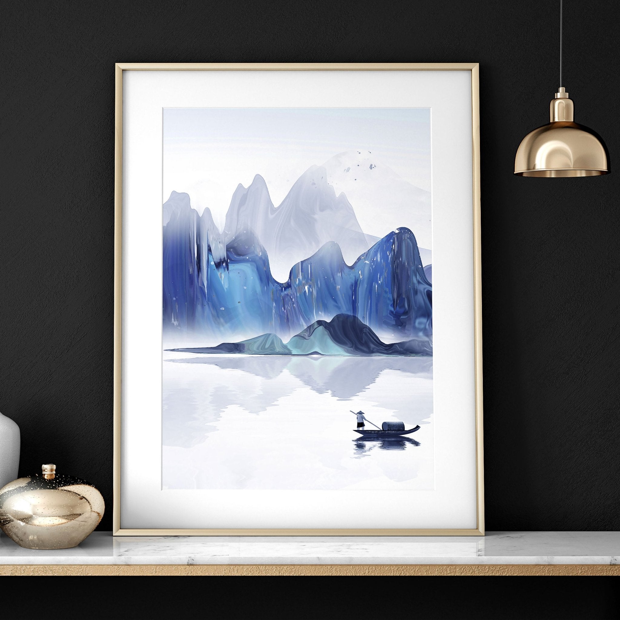 Set of 3 wall art prints featuring a serene Japanese sunrise landscape in White, Teal, Blue, and Turquoise tones, perfect for office decor.