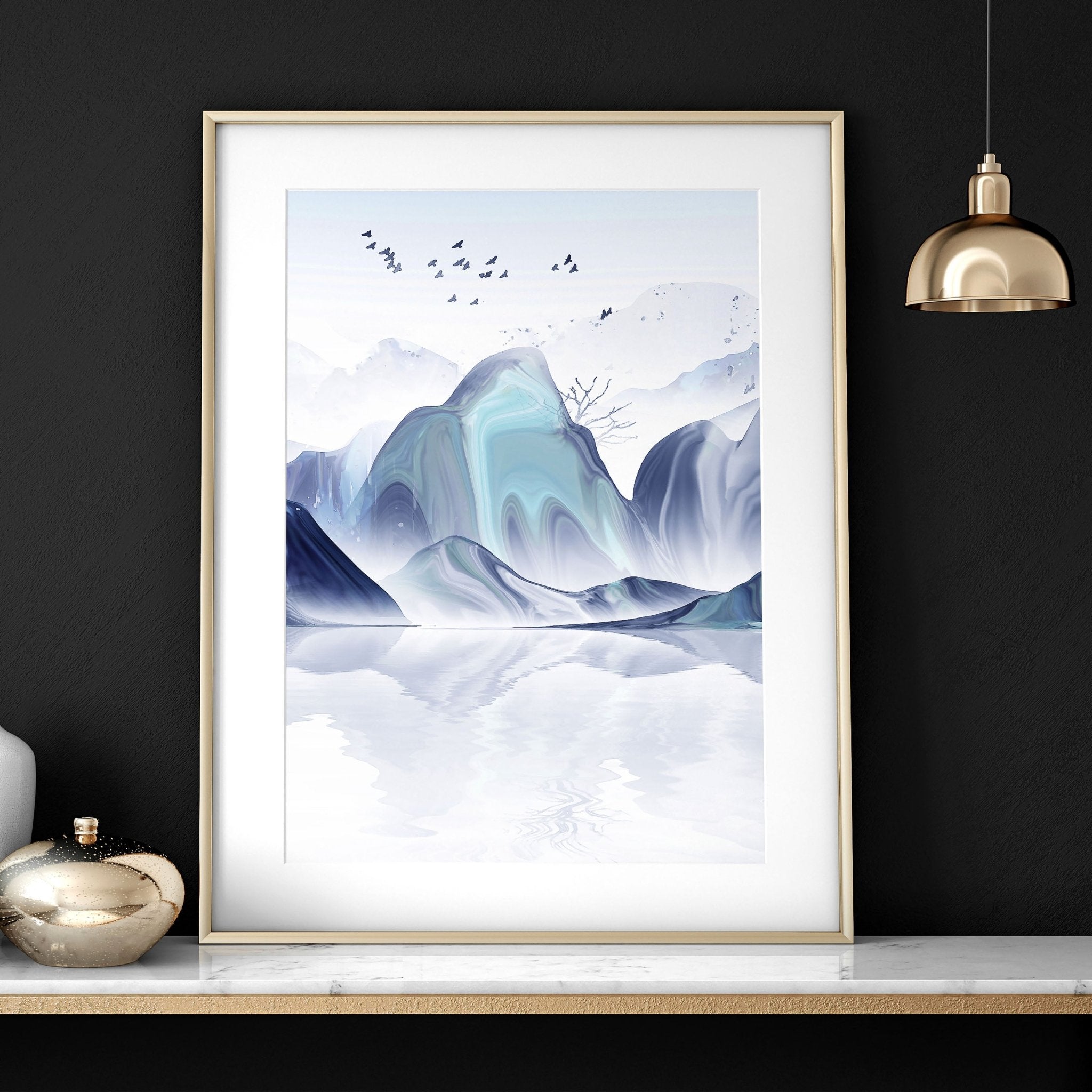 Set of 3 wall art prints featuring a serene Japanese sunrise landscape in White, Teal, Blue, and Turquoise tones, perfect for office decor.