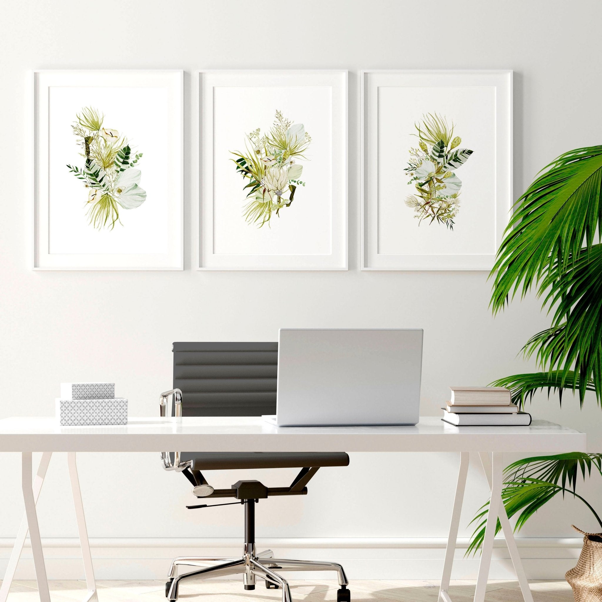 Set of 3 Botanical Boho wall art prints in Lime Green tones, perfect for office desk decor.