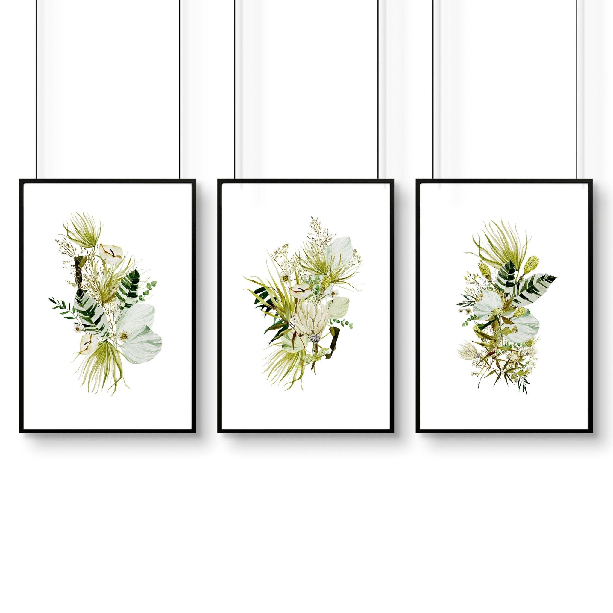 Set of 3 Botanical Boho wall art prints in Lime Green tones, perfect for office desk decor.