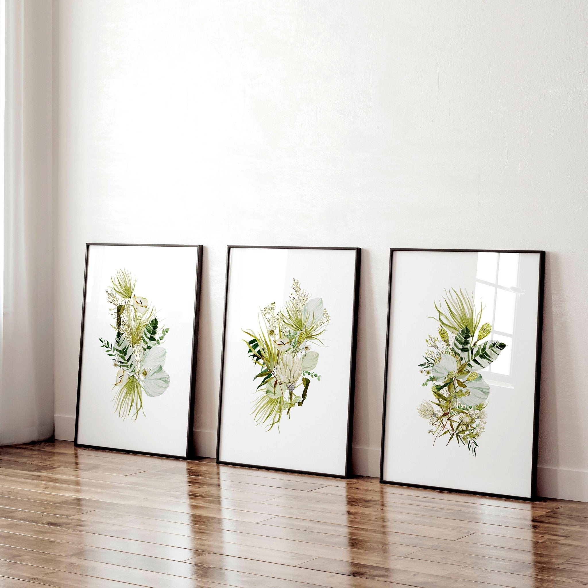 Set of 3 Botanical Boho wall art prints in Lime Green tones, perfect for office desk decor.