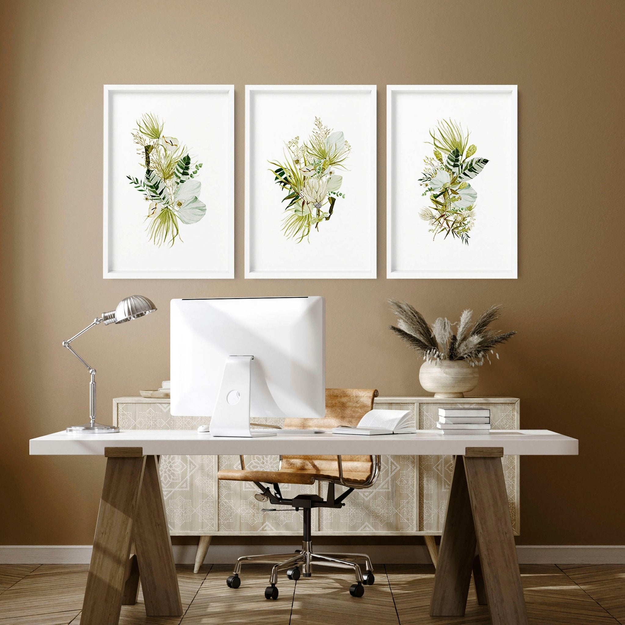 Set of 3 Botanical Boho wall art prints in Lime Green tones, perfect for office desk decor.