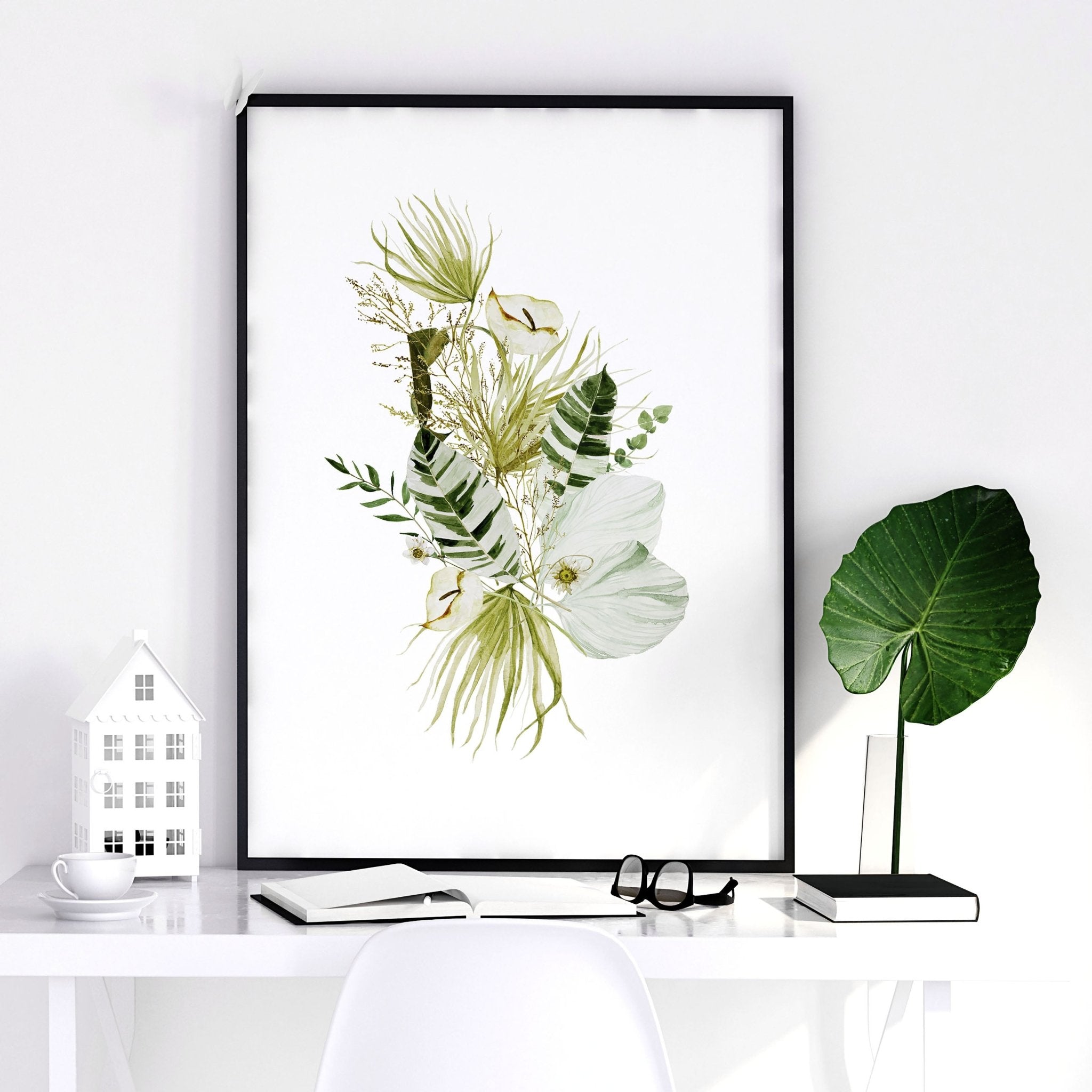 Set of 3 Botanical Boho wall art prints in Lime Green tones, perfect for office desk decor.