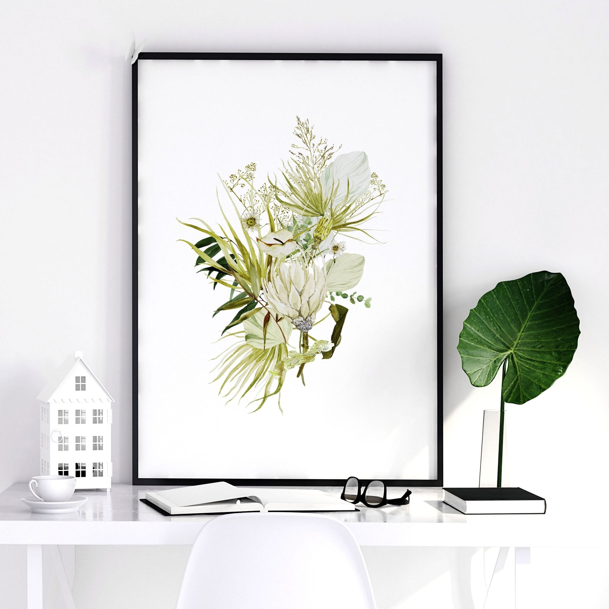 Set of 3 Botanical Boho wall art prints in Lime Green tones, perfect for office desk decor.