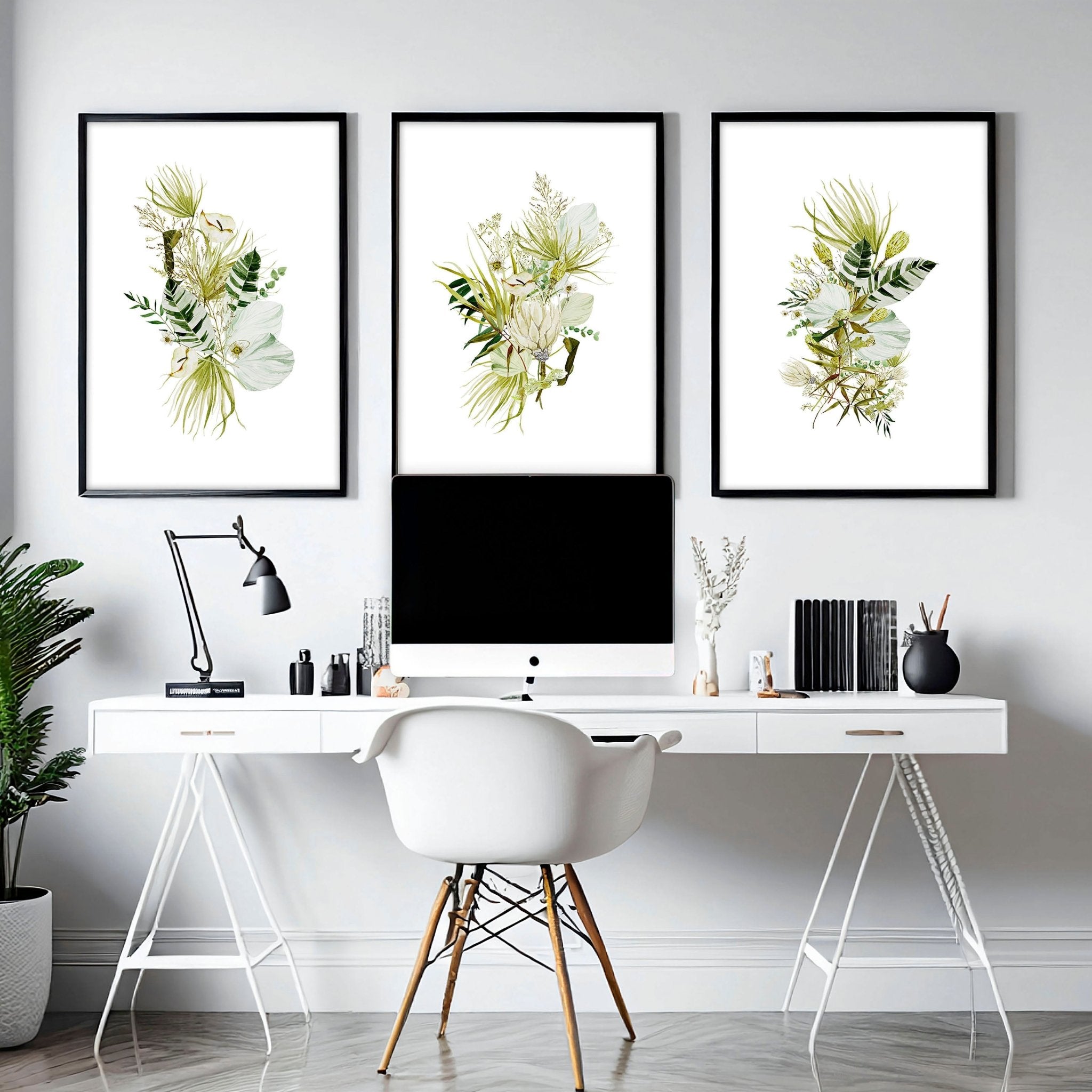 Set of 3 Botanical Boho wall art prints in Lime Green tones, perfect for office desk decor.