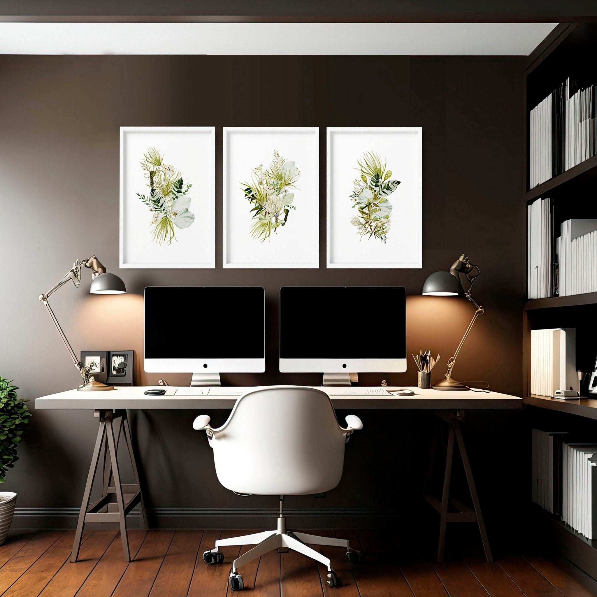 Set of 3 Botanical Boho wall art prints in Lime Green tones, perfect for office desk decor.