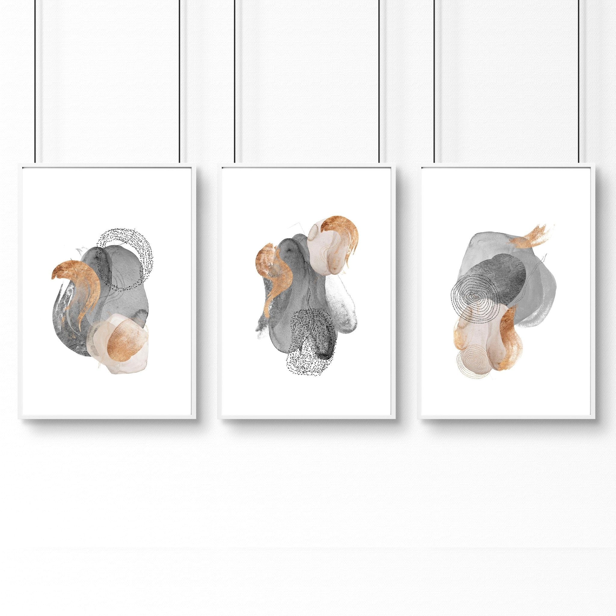 Set of 3 framed wall art prints featuring Abstract Neutral designs in grey, mauve, and gold tones, perfect for office decor.