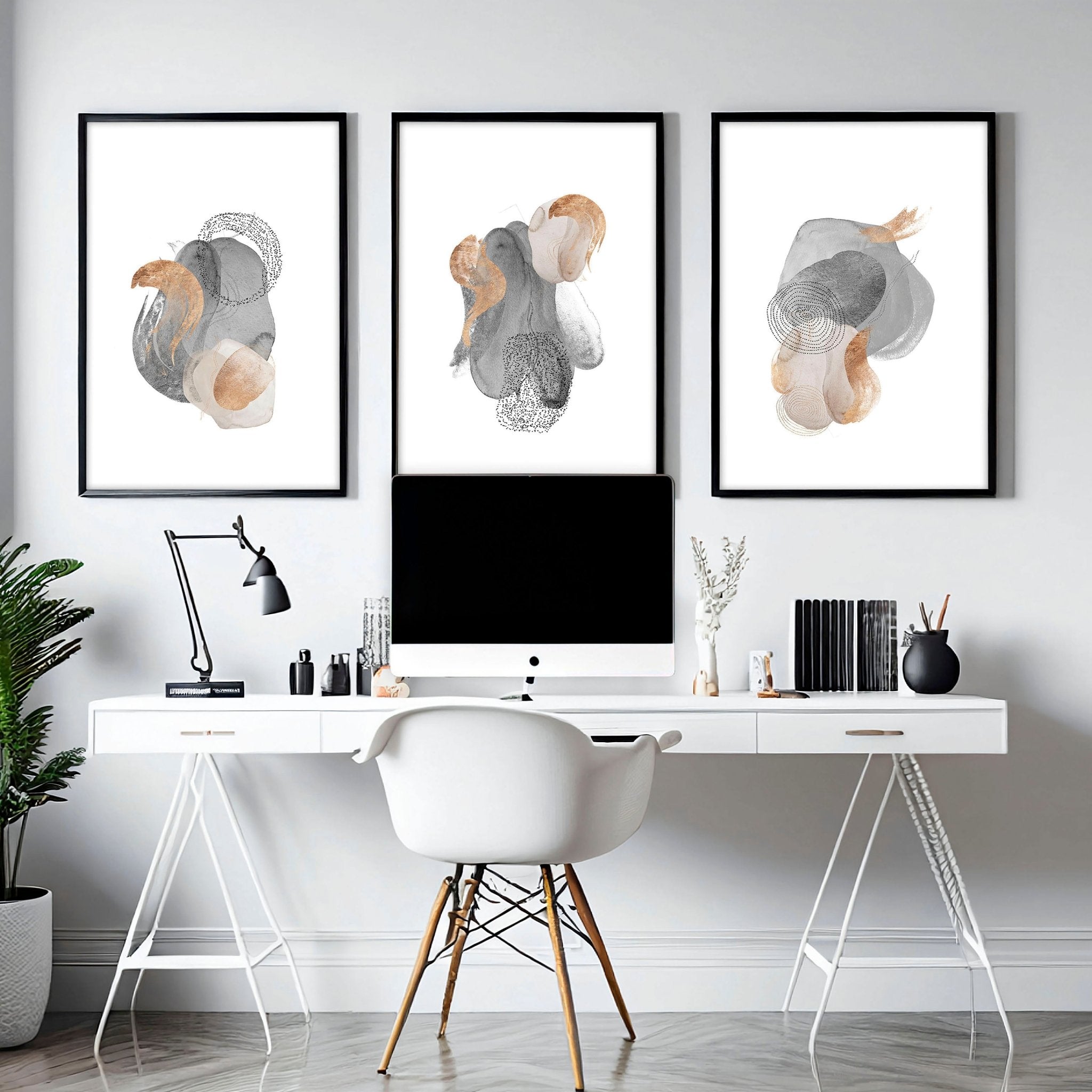 Set of 3 framed wall art prints featuring Abstract Neutral designs in grey, mauve, and gold tones, perfect for office decor.