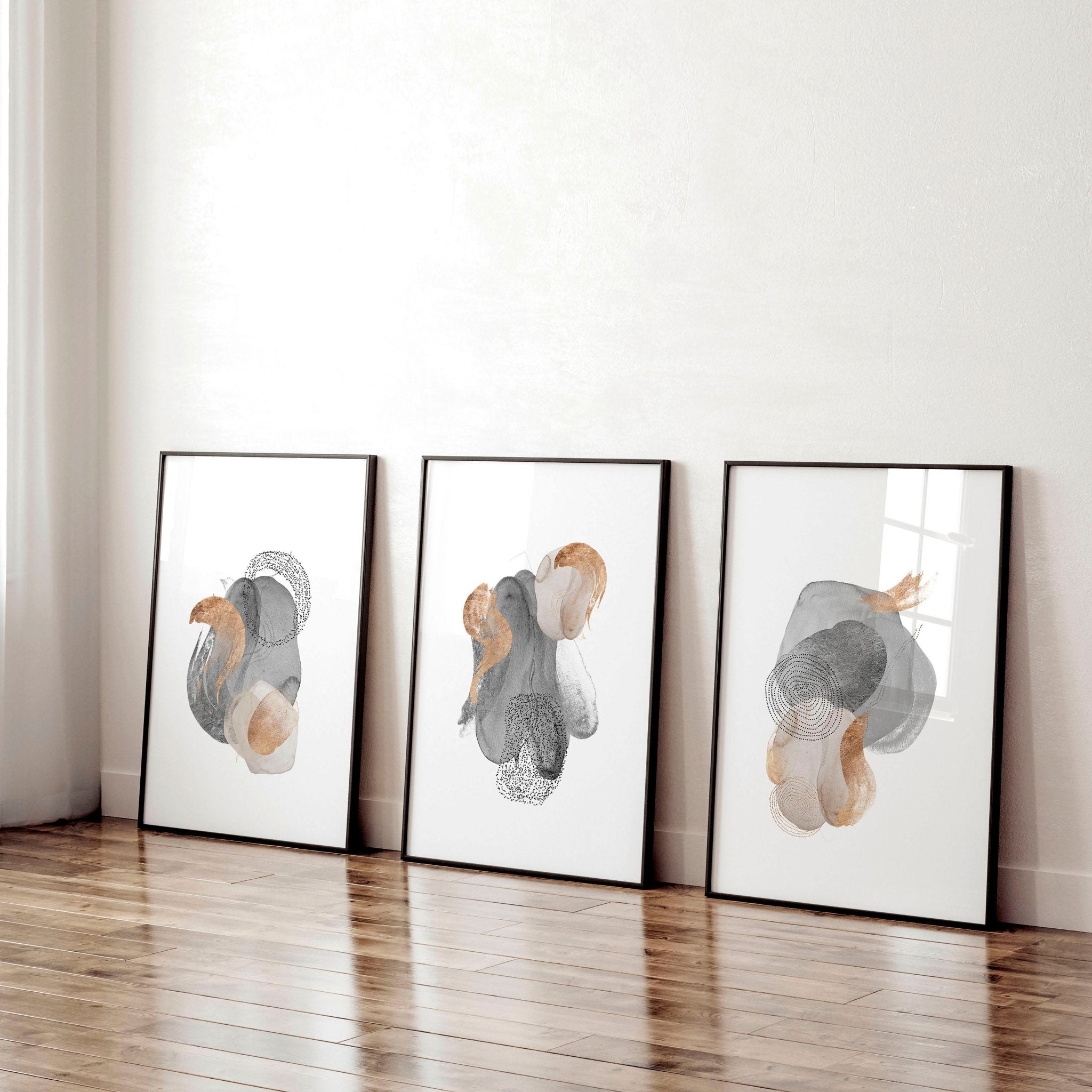 Set of 3 framed wall art prints featuring Abstract Neutral designs in grey, mauve, and gold tones, perfect for office decor.