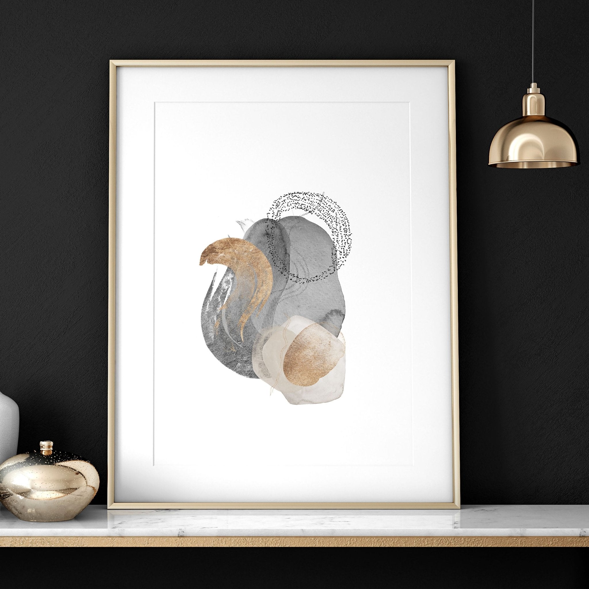 Set of 3 framed wall art prints featuring Abstract Neutral designs in grey, mauve, and gold tones, perfect for office decor.