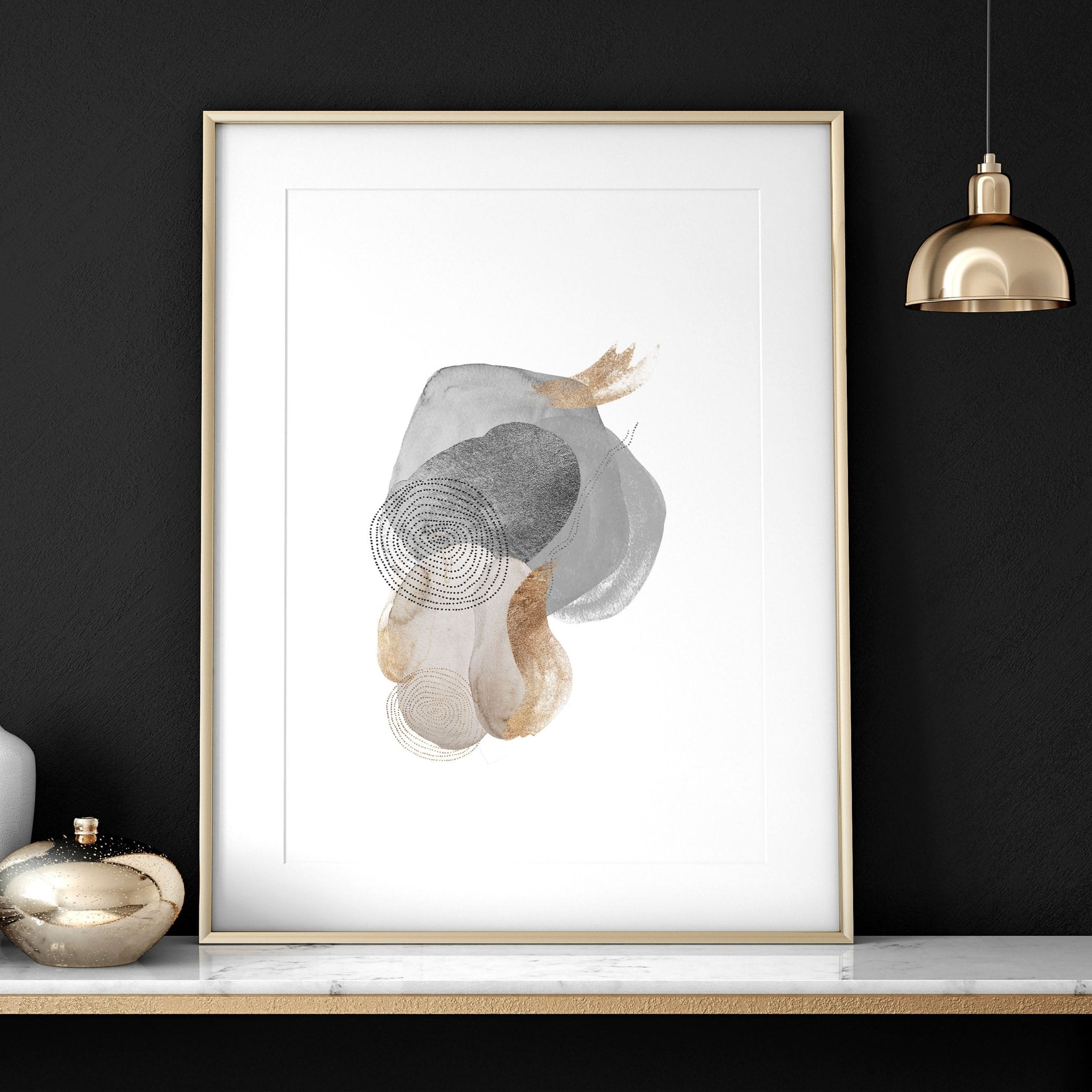 Set of 3 framed wall art prints featuring Abstract Neutral designs in grey, mauve, and gold tones, perfect for office decor.