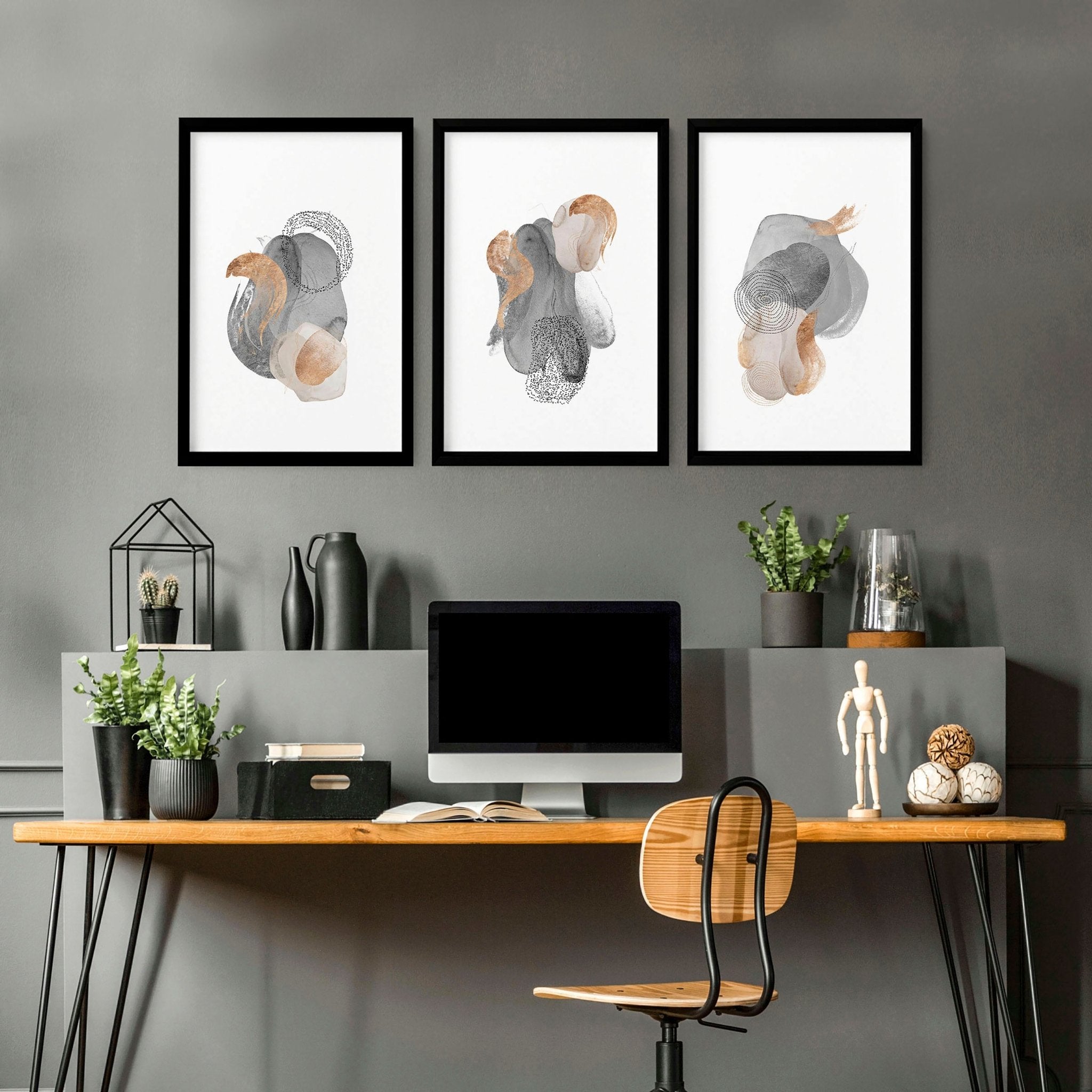 Set of 3 framed wall art prints featuring Abstract Neutral designs in grey, mauve, and gold tones, perfect for office decor.