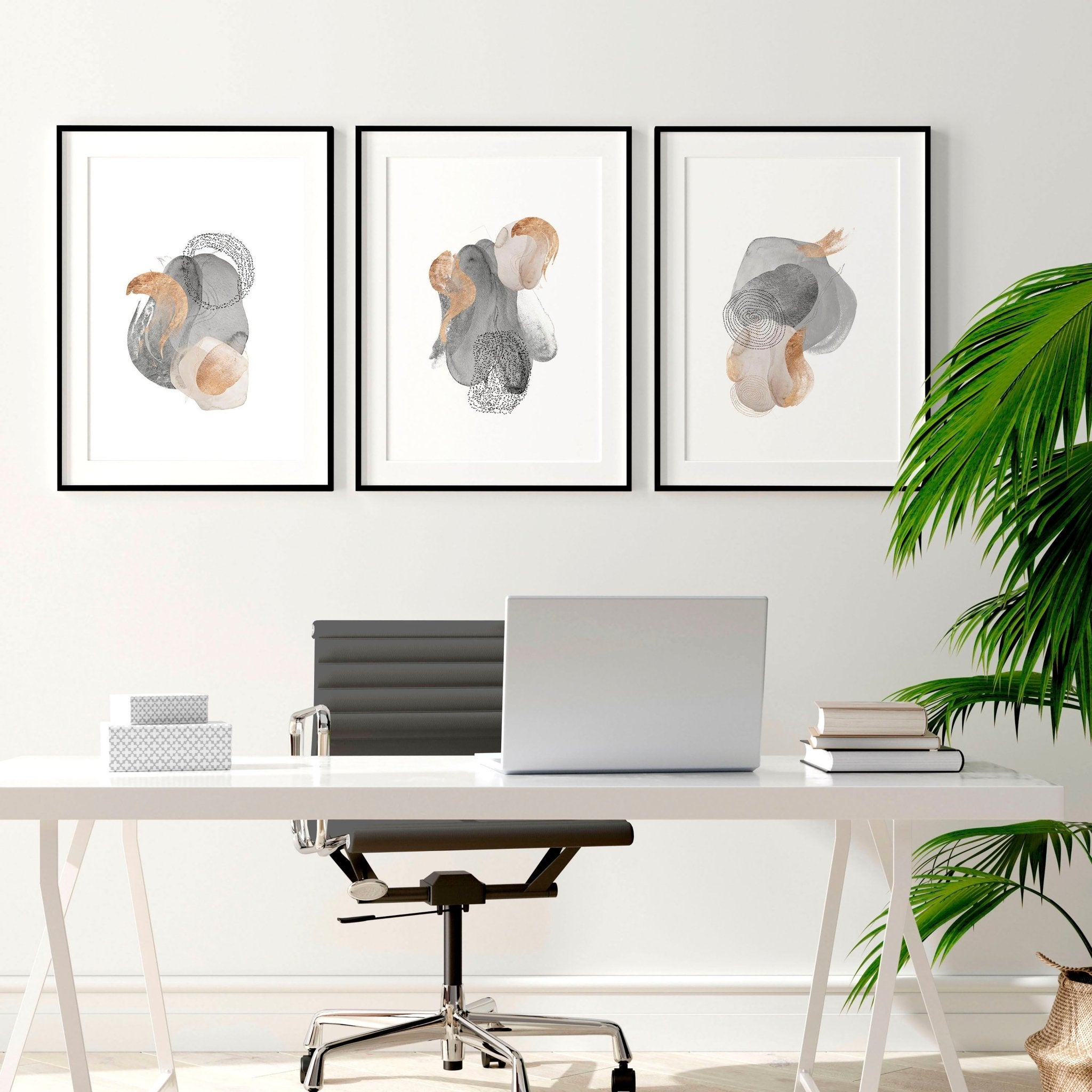 Set of 3 framed wall art prints featuring Abstract Neutral designs in grey, mauve, and gold tones, perfect for office decor.