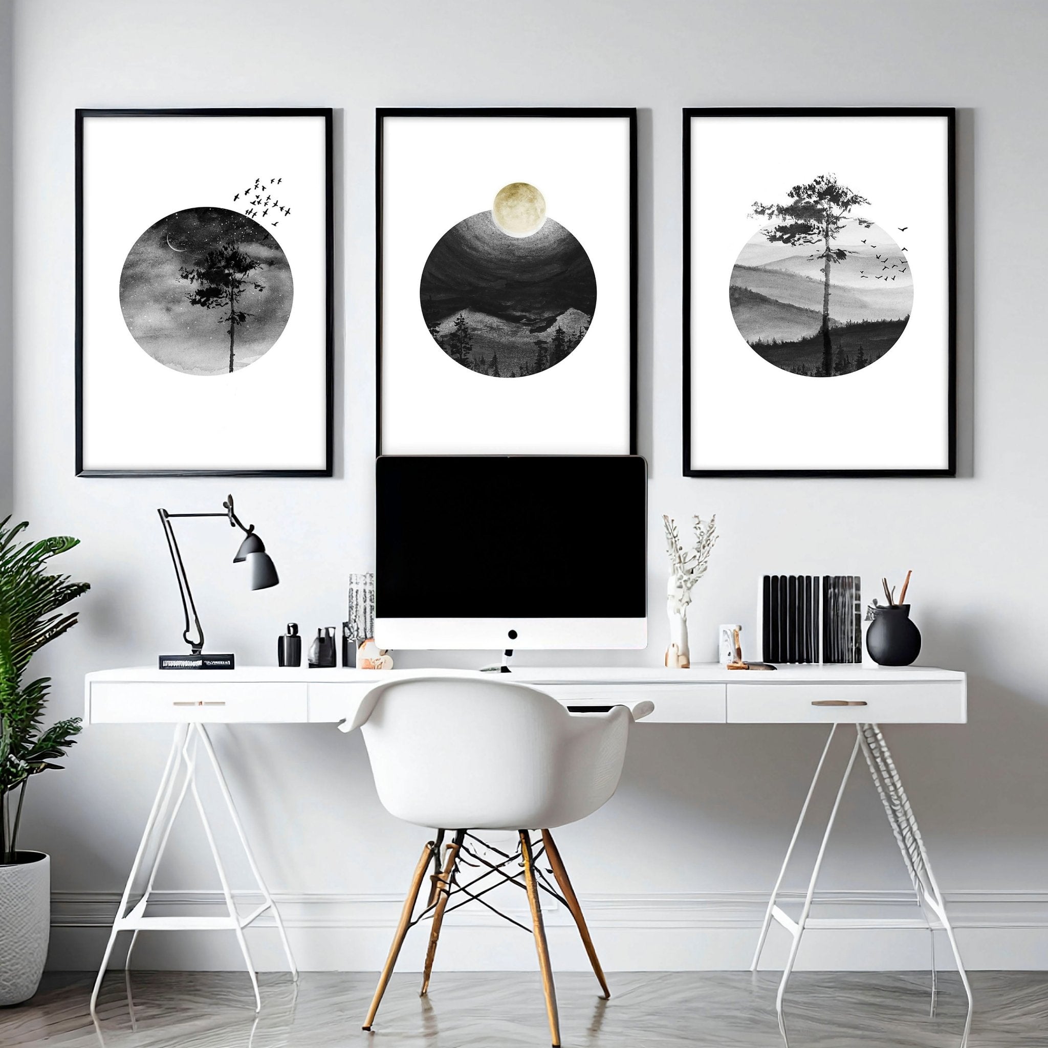 Set of 3 Scandinavian wall art prints featuring black and white Nordic landscapes, perfect for office decor.