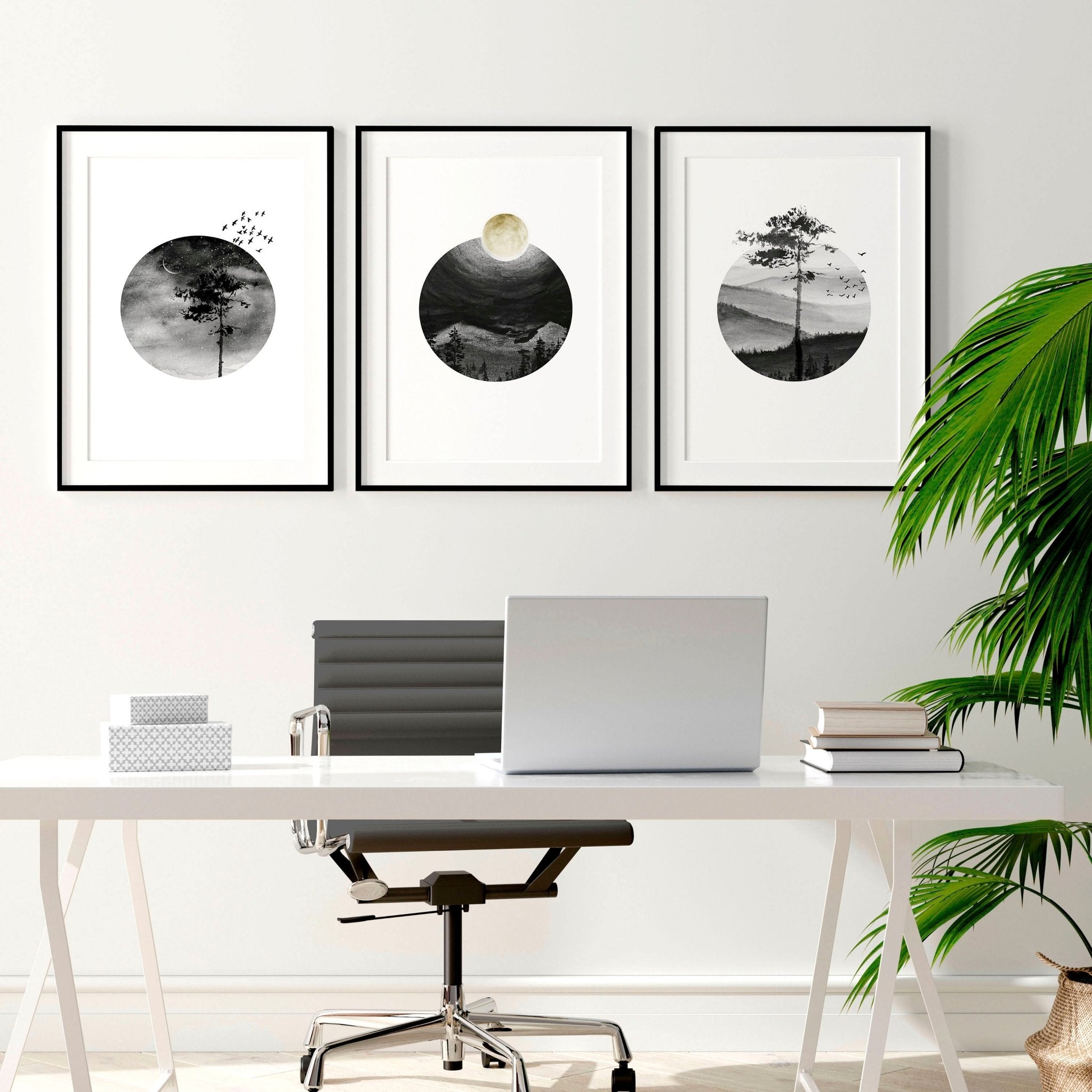 Set of 3 Scandinavian wall art prints featuring black and white Nordic landscapes, perfect for office decor.